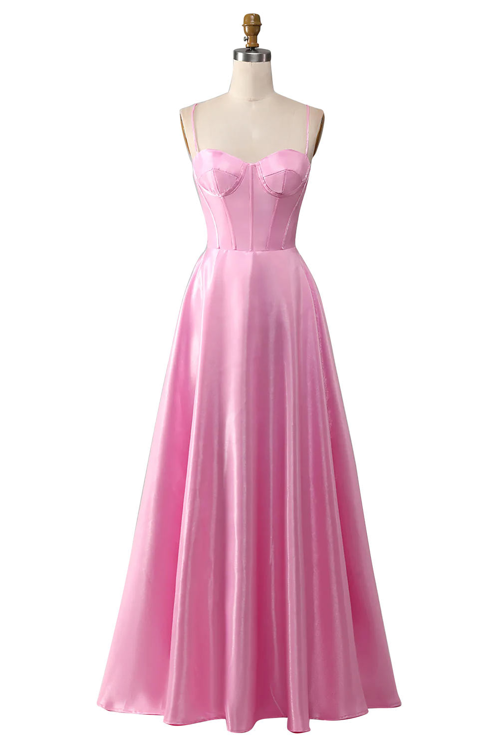 Spaghetti Straps Prom Dress, A-Line Prom Dress, Pink Sweetheart Evening Dress, Handmade Satin Formal Dress