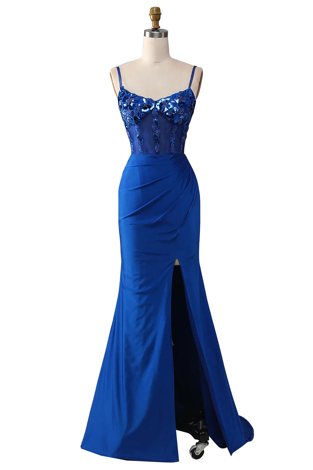 Royal Blue Prom Dress with Slit, Spaghetti Straps Satin Formal Dress, Custom Evening Dress