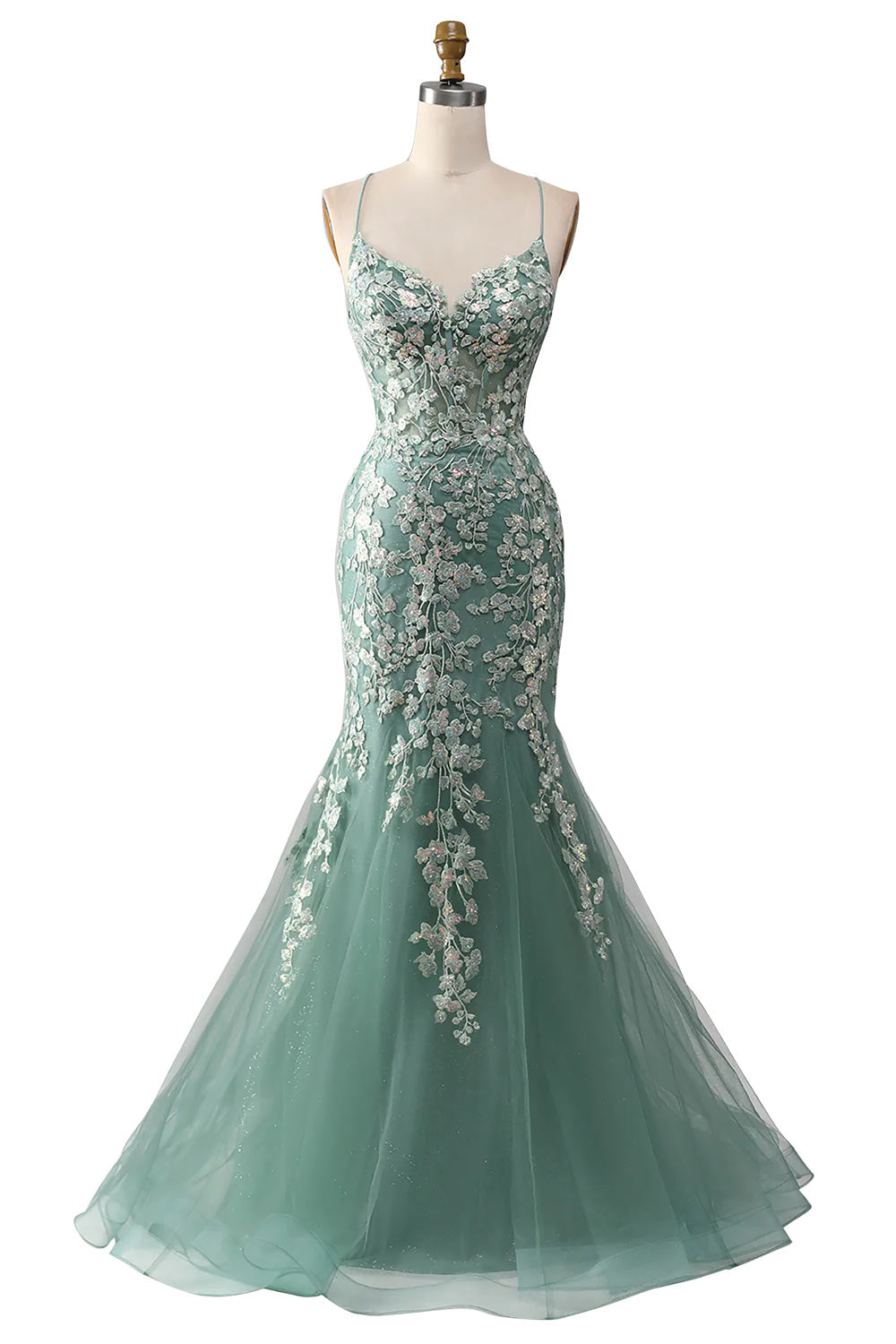 Lace-up Backless Prom Dress, Mermaid Sheath Prom Gown, Light Green Party Dress with Appliques, Handmade Flower Dress