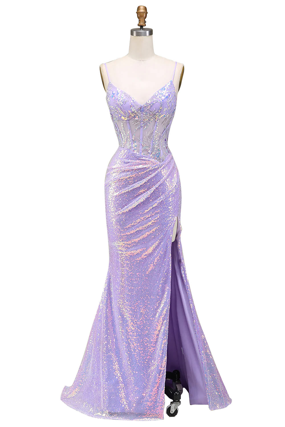 Mermaid Prom Dress, Light Purple Corset Formal Dress, Sparkly Party Dress with Slit, Handmade Formal Dress