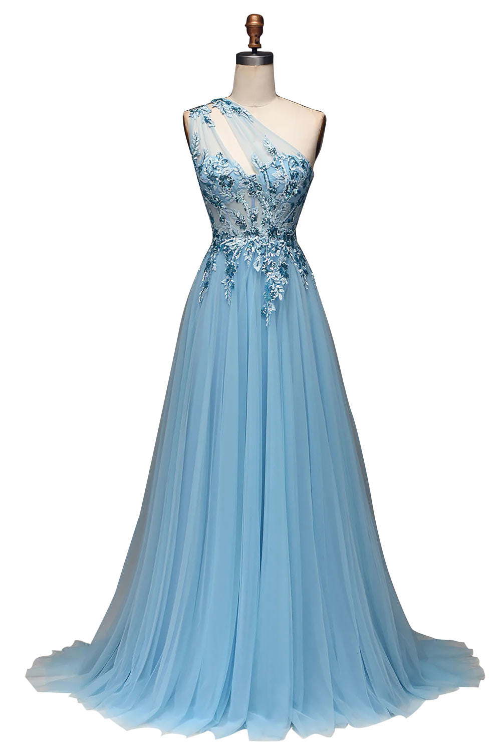 One Shoulder Prom Dress, Light Blue Party Dress, A-Line Sequin Formal Dress with Appliques, Handmade Evening Dress