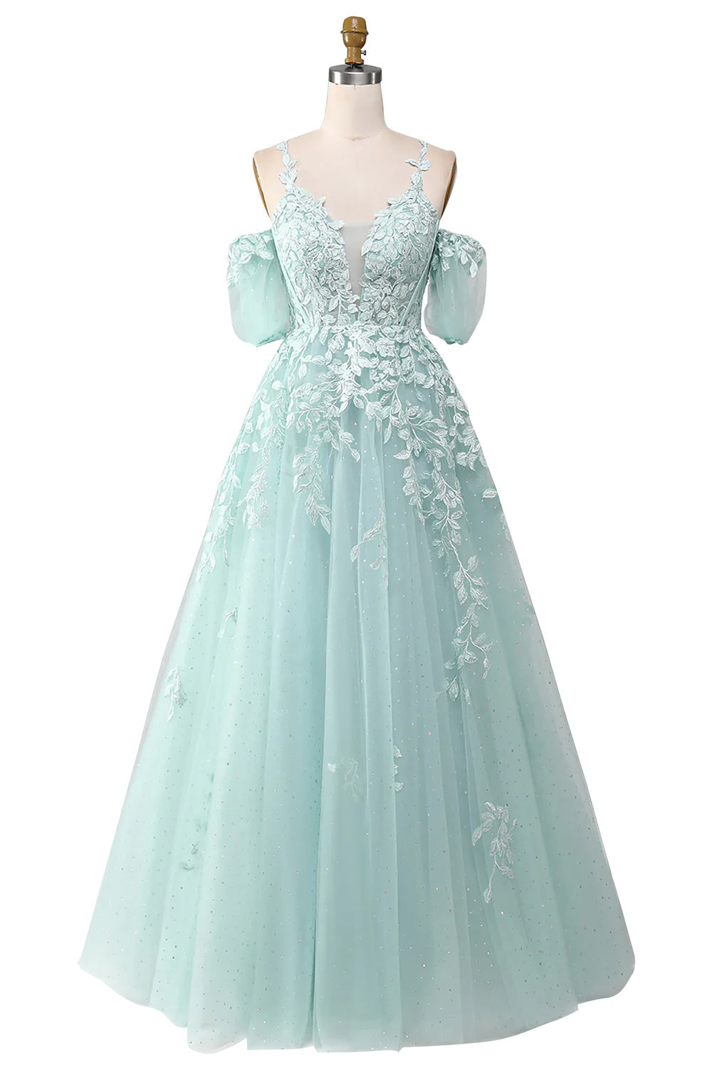 Mint Prom Dress Gown, Off The Shoulder Evening Gown, Handmade Beaded Party Gown with Appliques