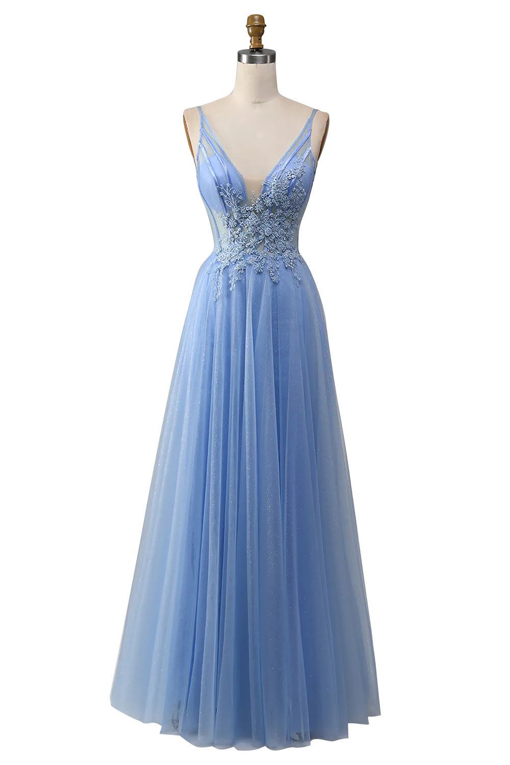 Light Blue Evening Dress with Appliques, V-Neck Tulle Formal Dress, Handmade Backless Party Prom Dress