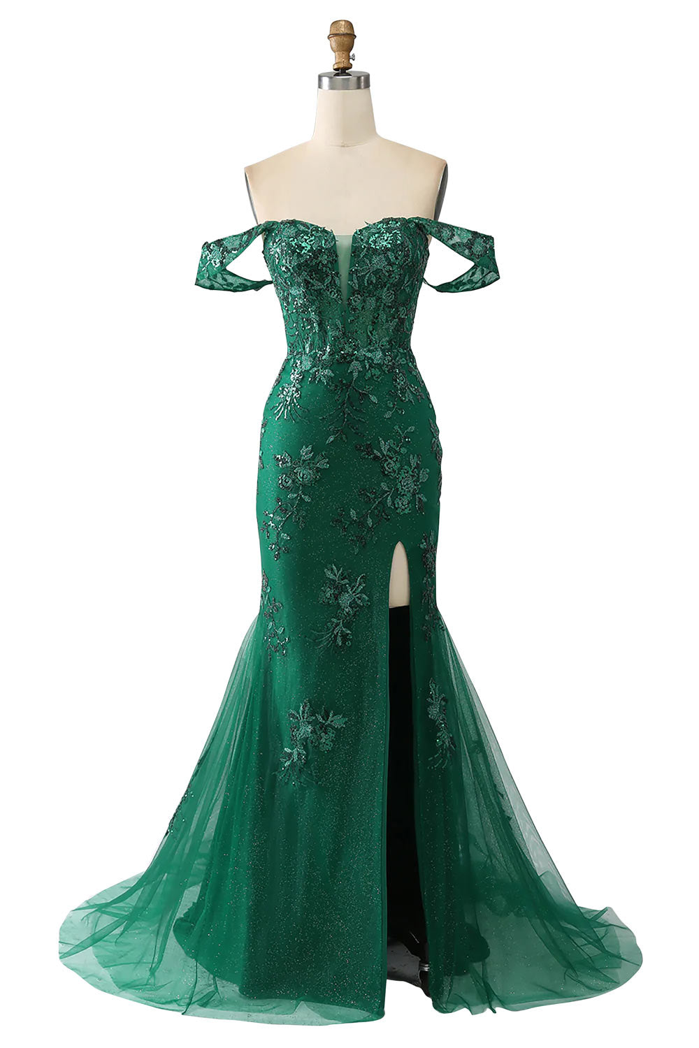 Off The Shoulder Prom Dress, Mermaid Evening Dress, Dark Green Party Dress with Appliques, Custom Prom Gown