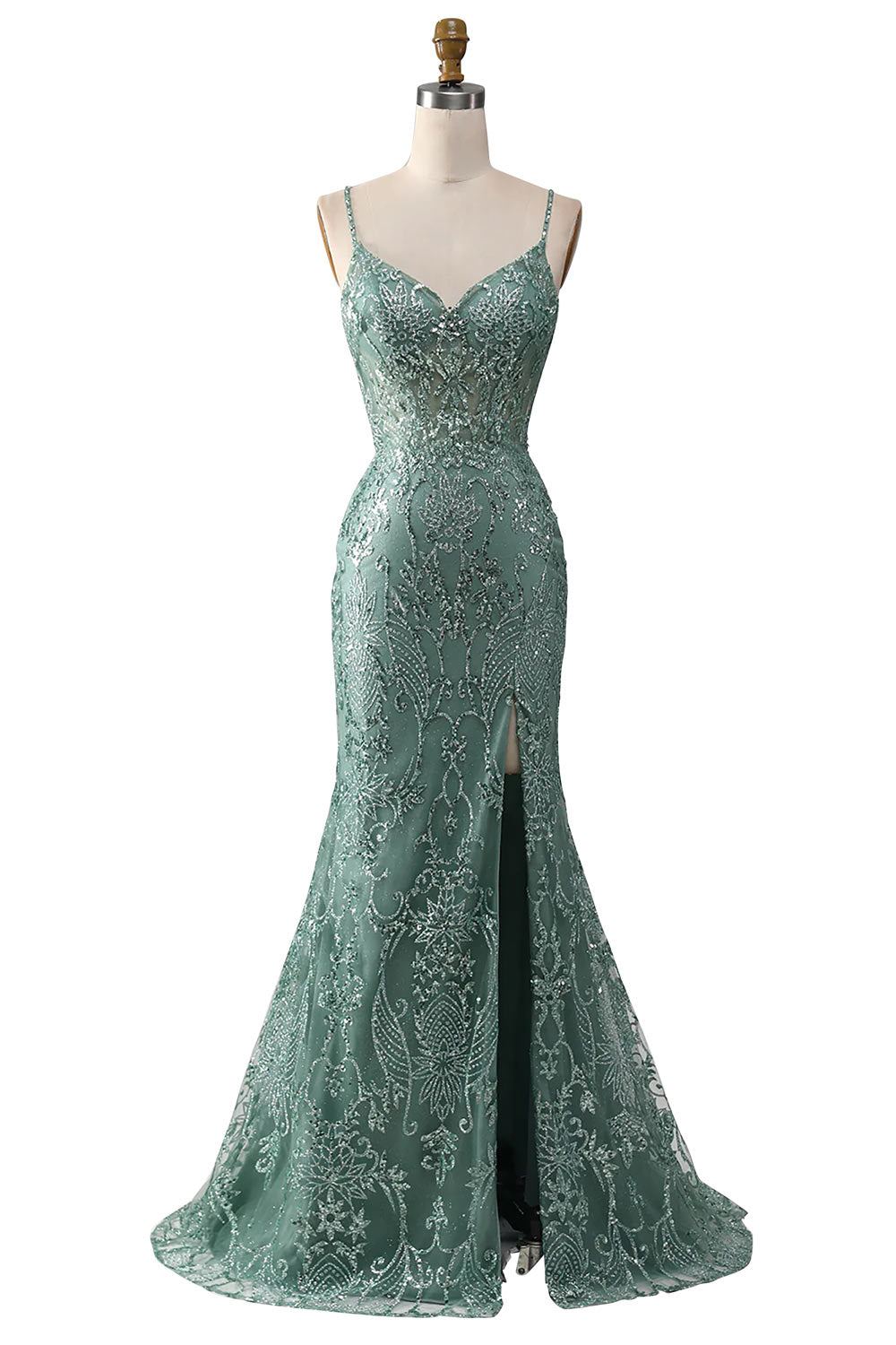 Shining Sequin Spaghetti Straps Prom Dress, V-Neck Sheath Prom Gown, Grey Green Evening Dress with Beading, Handmade Party Dress