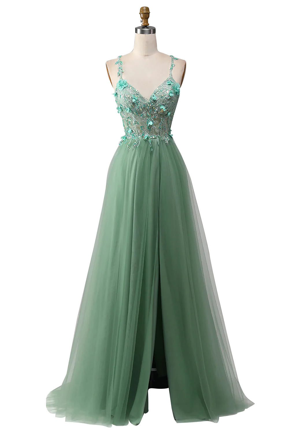 Women's Tulle Prom Dresses 3D Flower Spaghetti Straps Formal Evening Gowns, Sweetheart Crystal Party Dress, Green Prom Dress