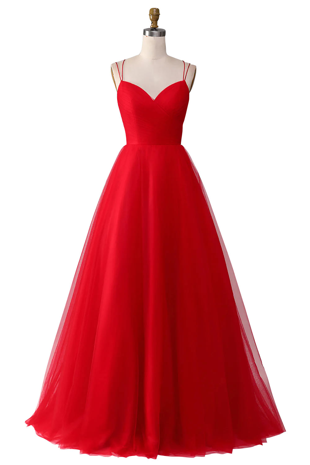 Spaghetti Straps Prom Dress, Delicate A-Line Prom Gown, Red Evening Gown with Cross Criss Back, Handmade Party Dress