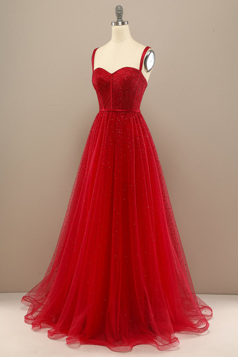 Shinning tulle wedding party dress, custom red spaghetti straps prom dress