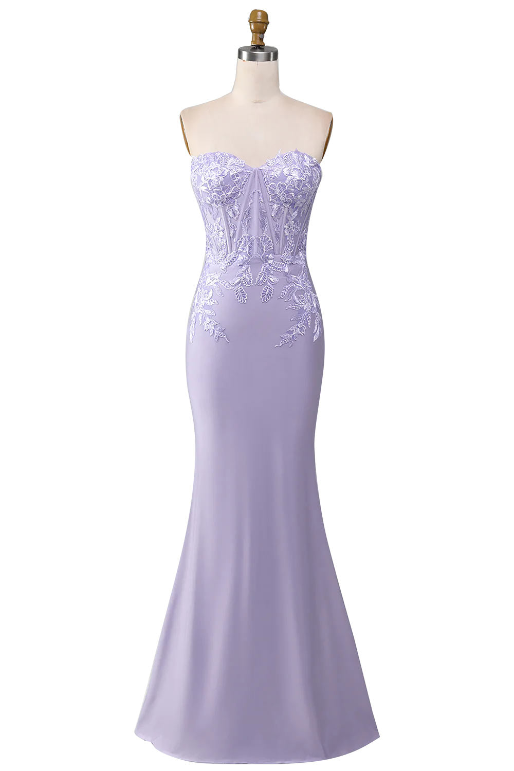 Light Purple Strapless Prom Dress, Lilac Evening Dress with Appliques, Sheath Corset Party Dress, Handmade Formal Party Dress