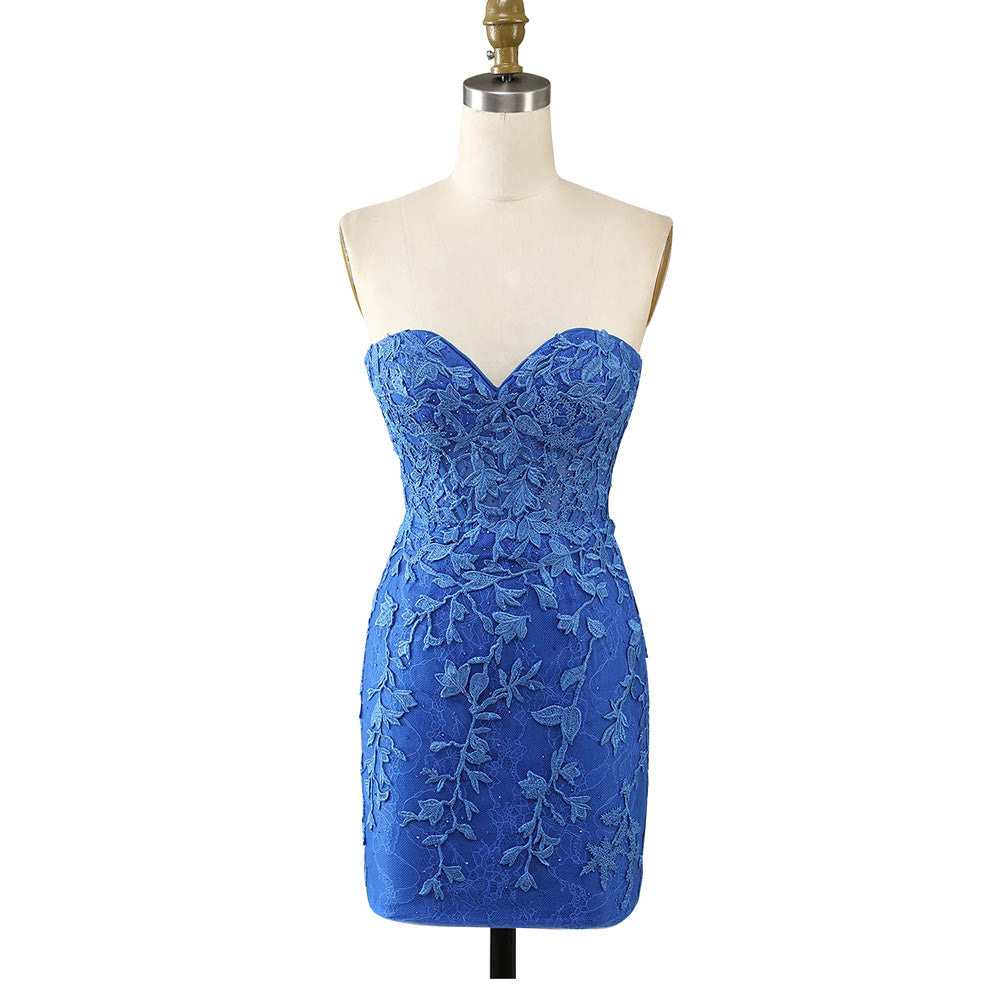 Royal Blue Mini Dress, Sheath Cocktail Dress, Sequin Homecoming Dress with Appliques