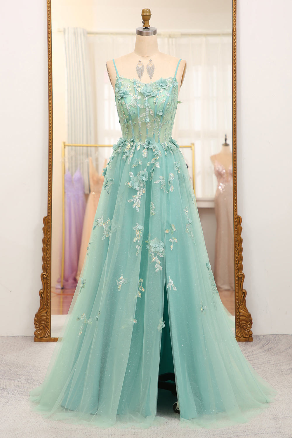 Lace flower embroidery prom dress, slit green evening dress, custom long party dress