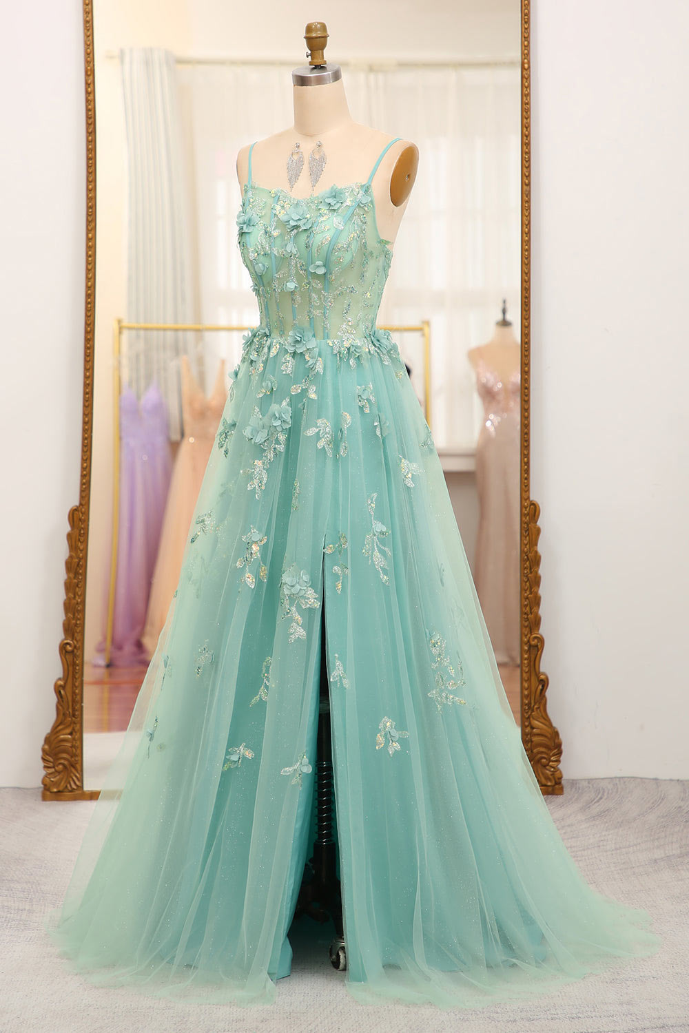 Lace flower embroidery prom dress, slit green evening dress, custom long party dress