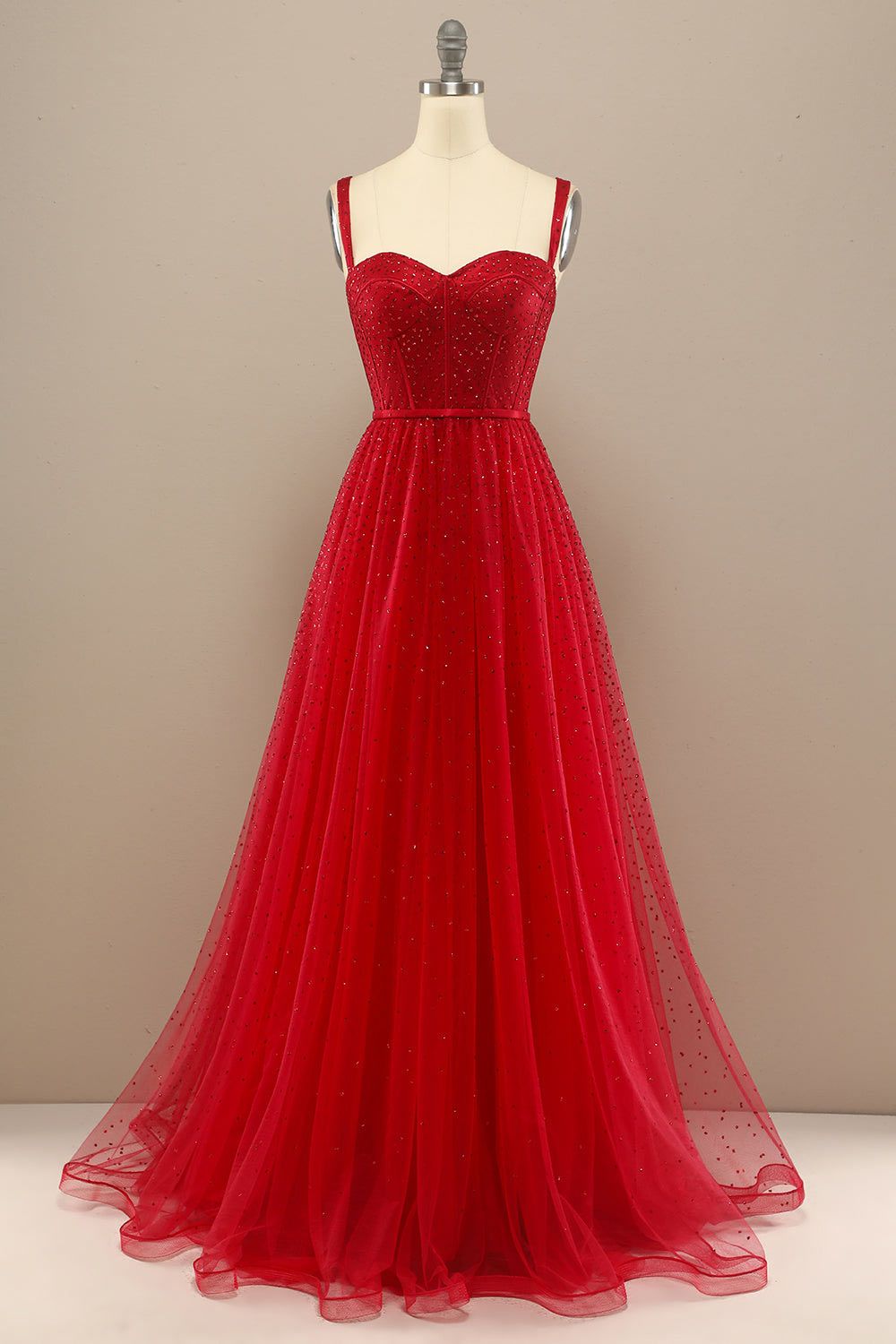 Shinning tulle wedding party dress, custom red spaghetti straps prom dress