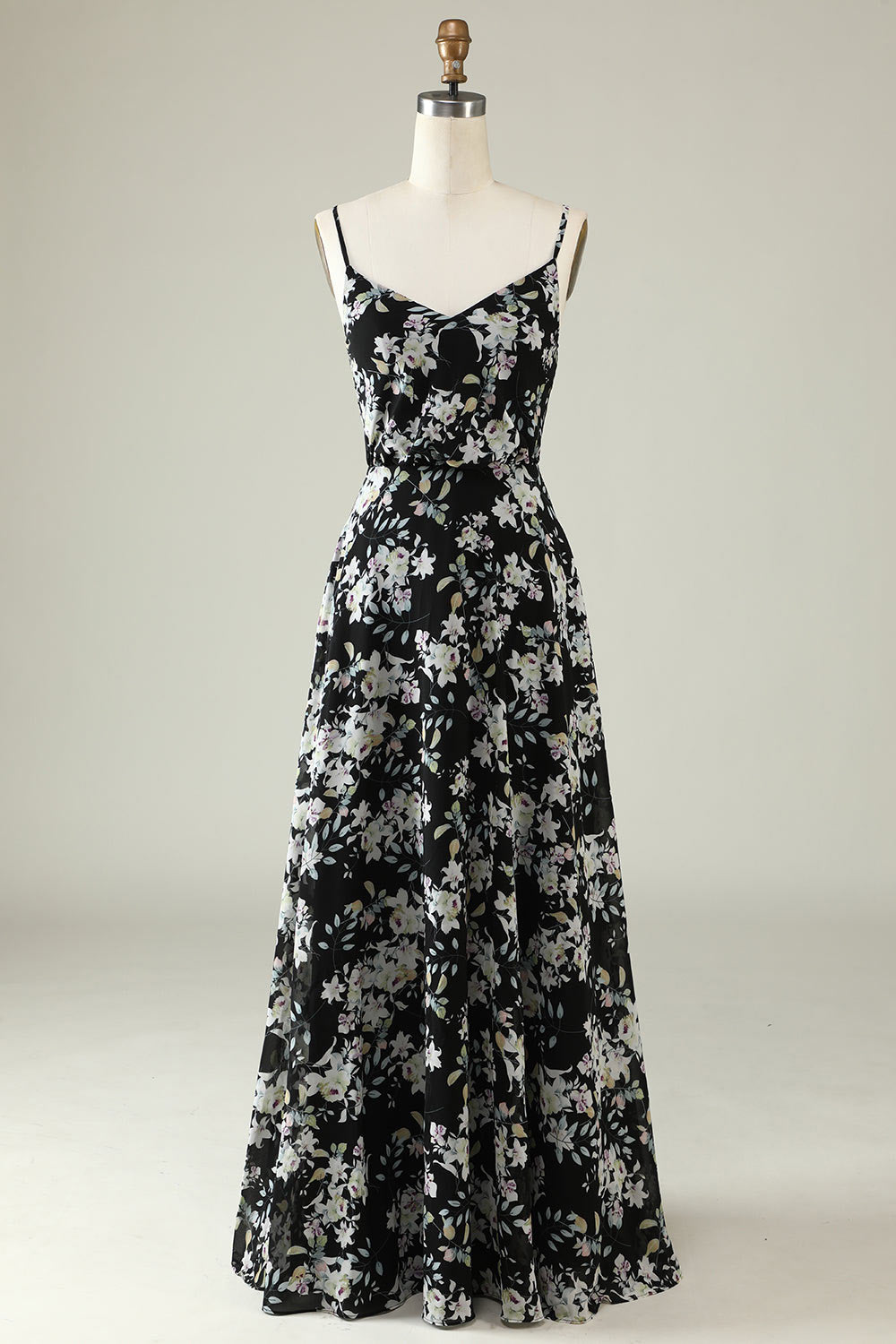 Printed flower chiffon dress party dress, custom black evening dress