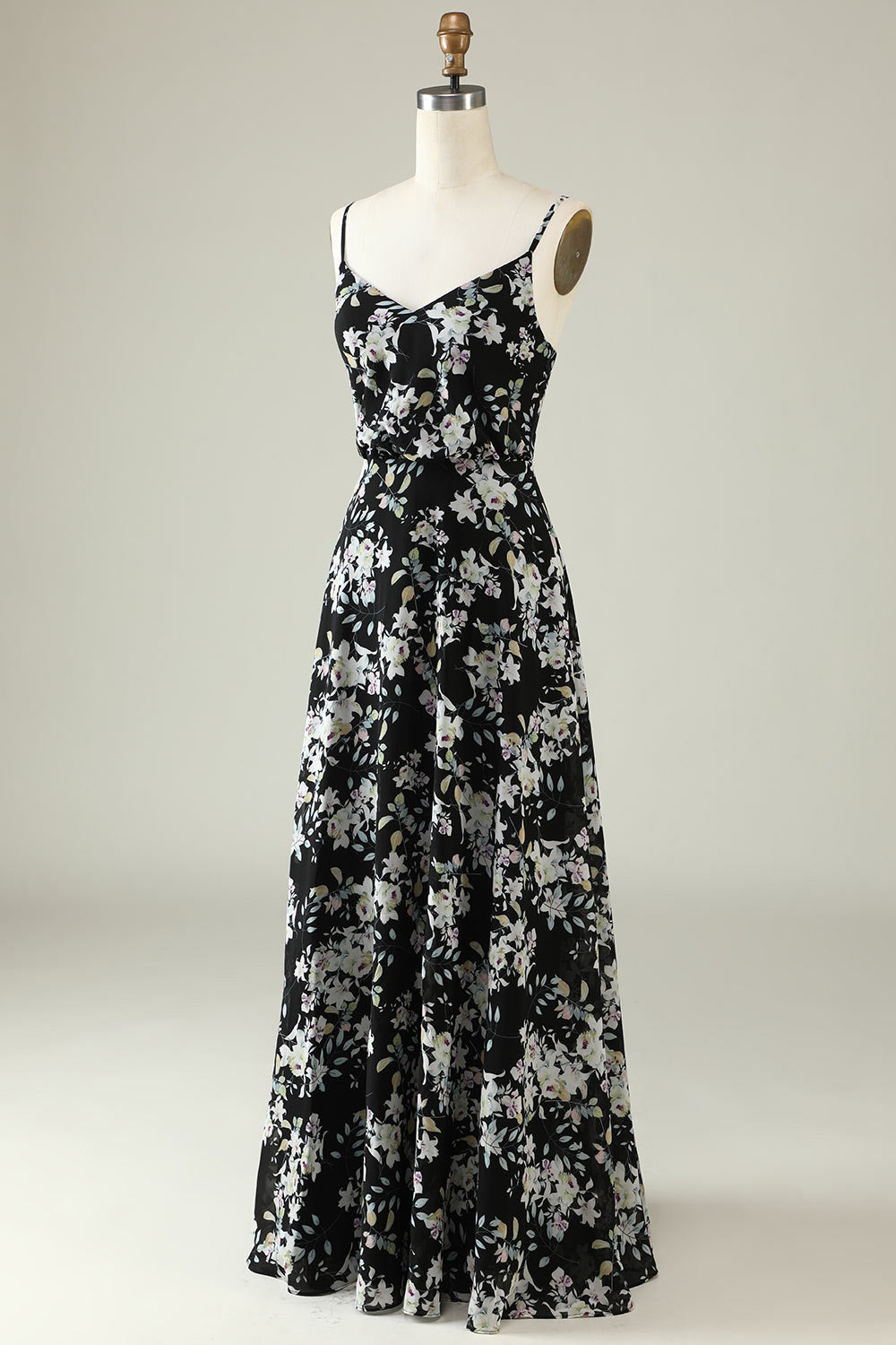 Printed flower chiffon dress party dress, custom black evening dress