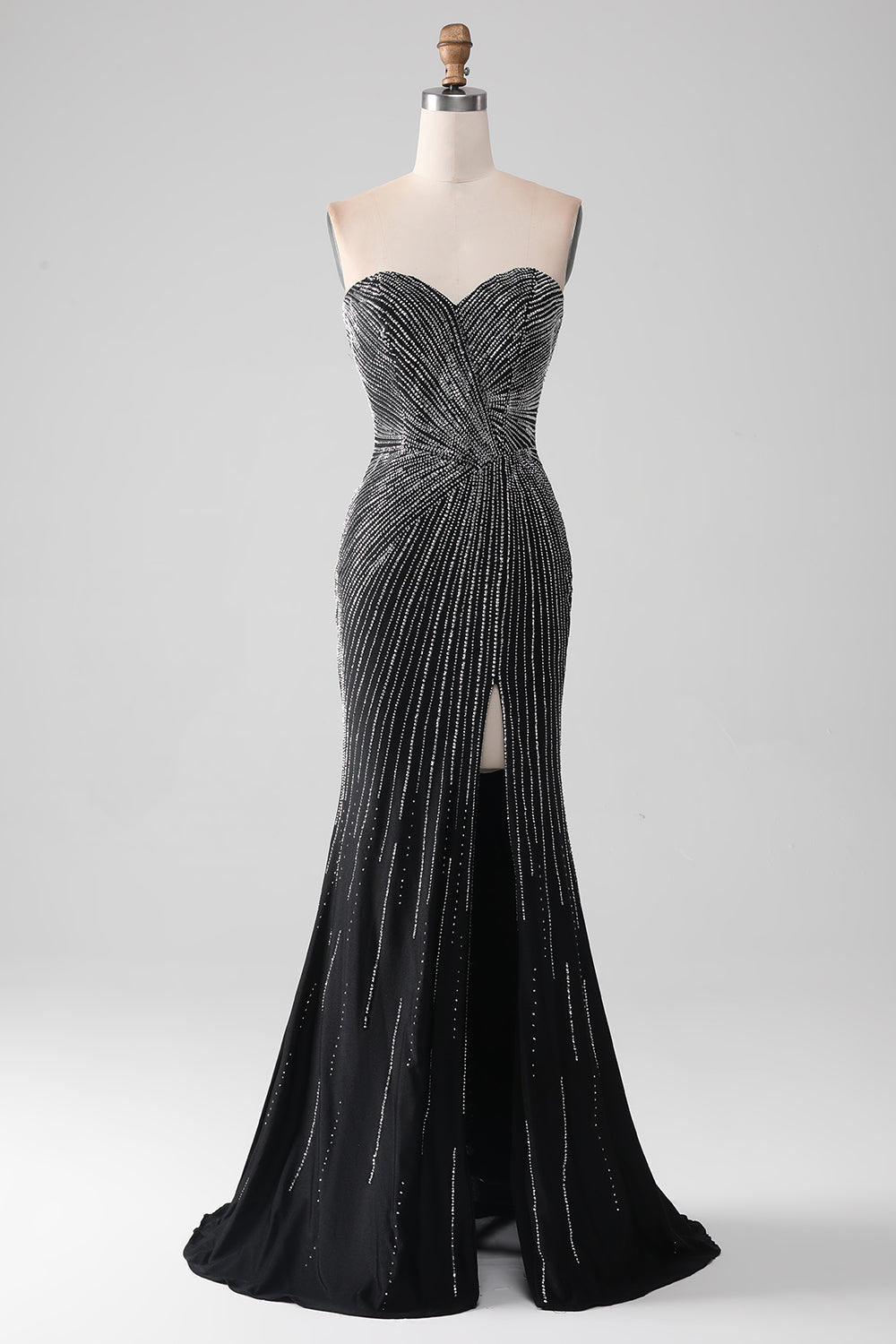 Strapless sequin party dress, custom black slit evening gown