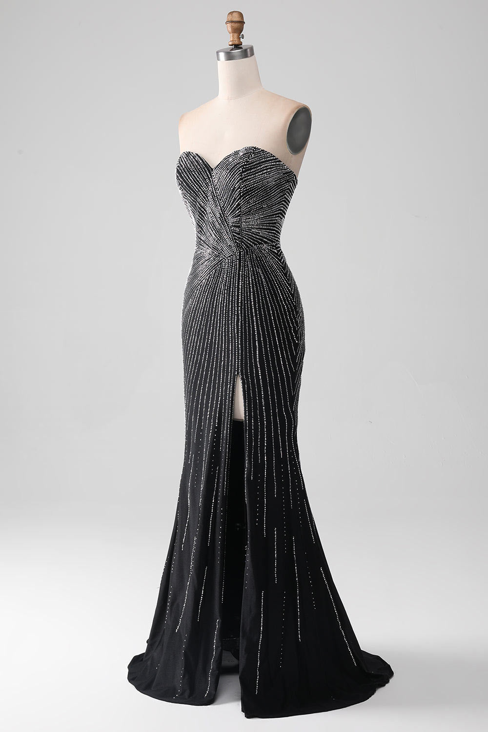 Strapless sequin party dress, custom black slit evening gown