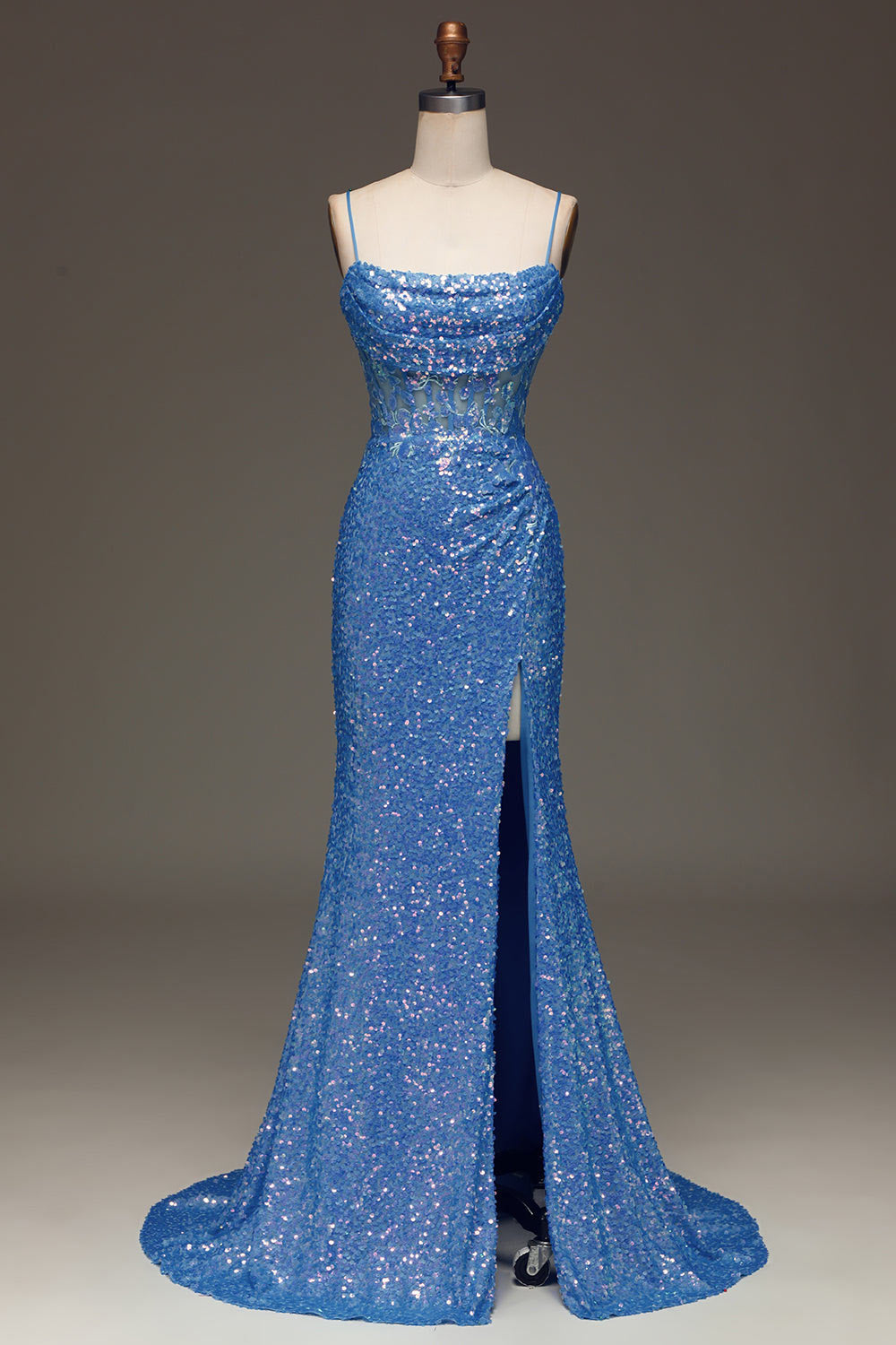 Custom sequin party dress, blue slit evening dress