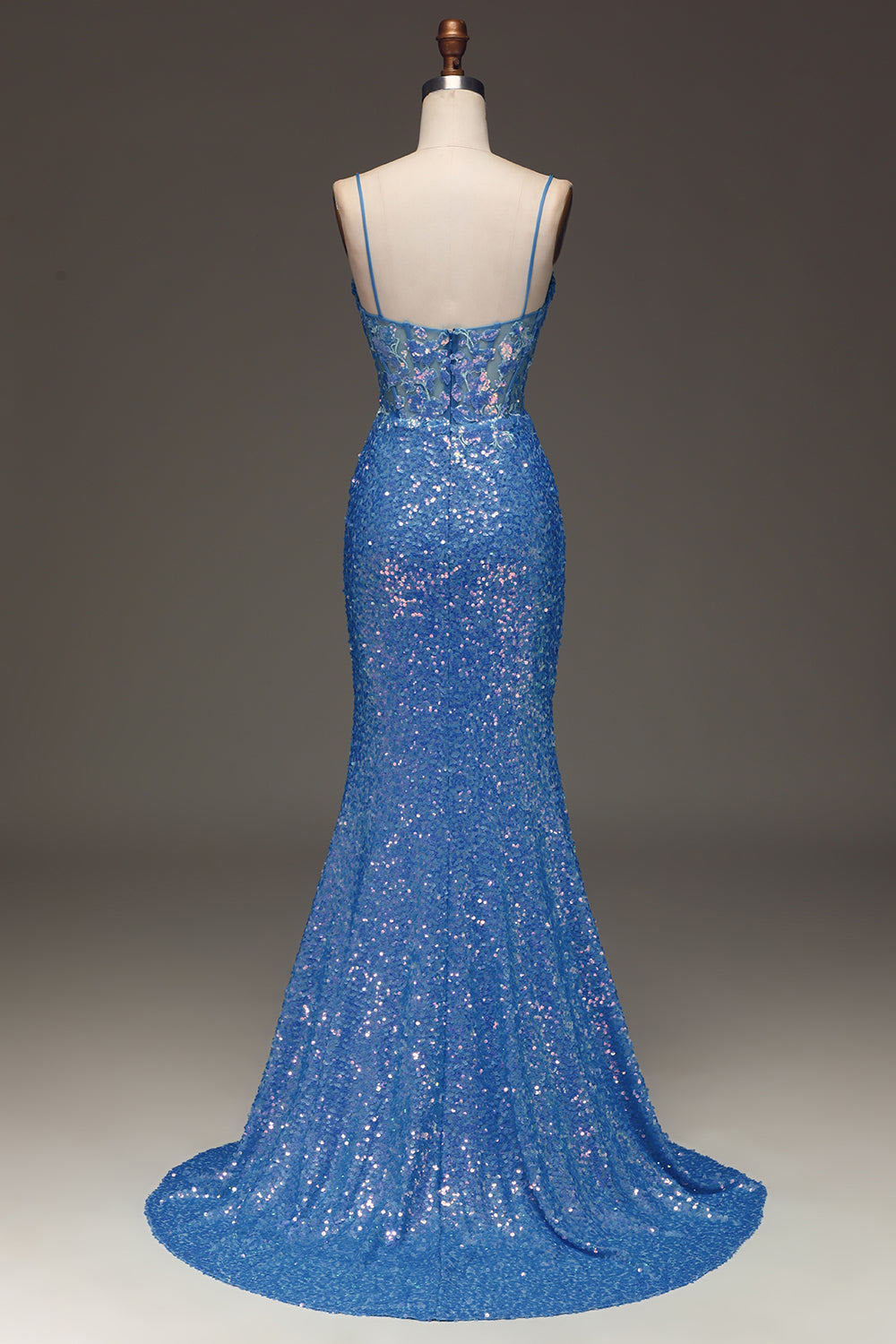 Custom sequin party dress, blue slit evening dress