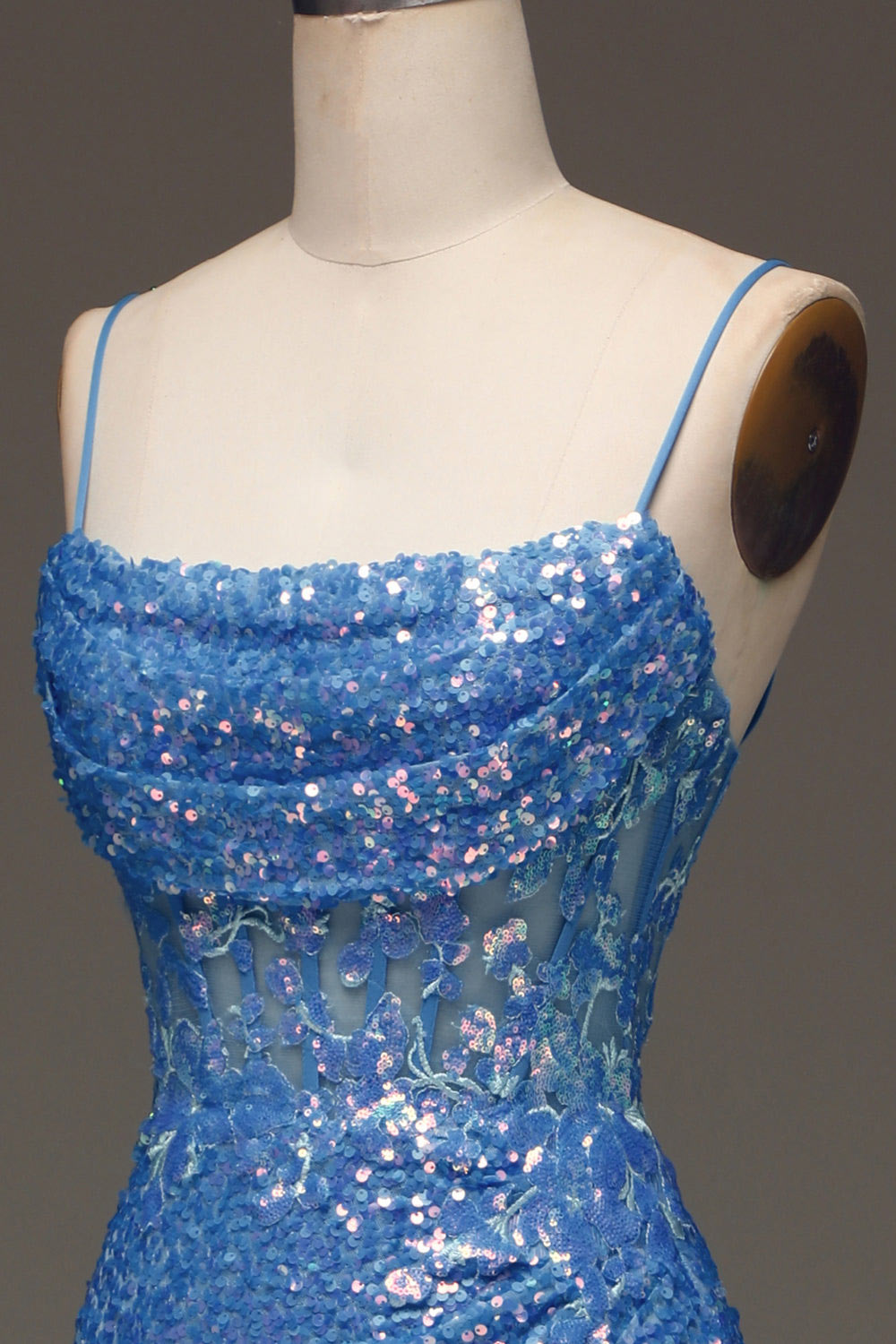 Custom sequin party dress, blue slit evening dress