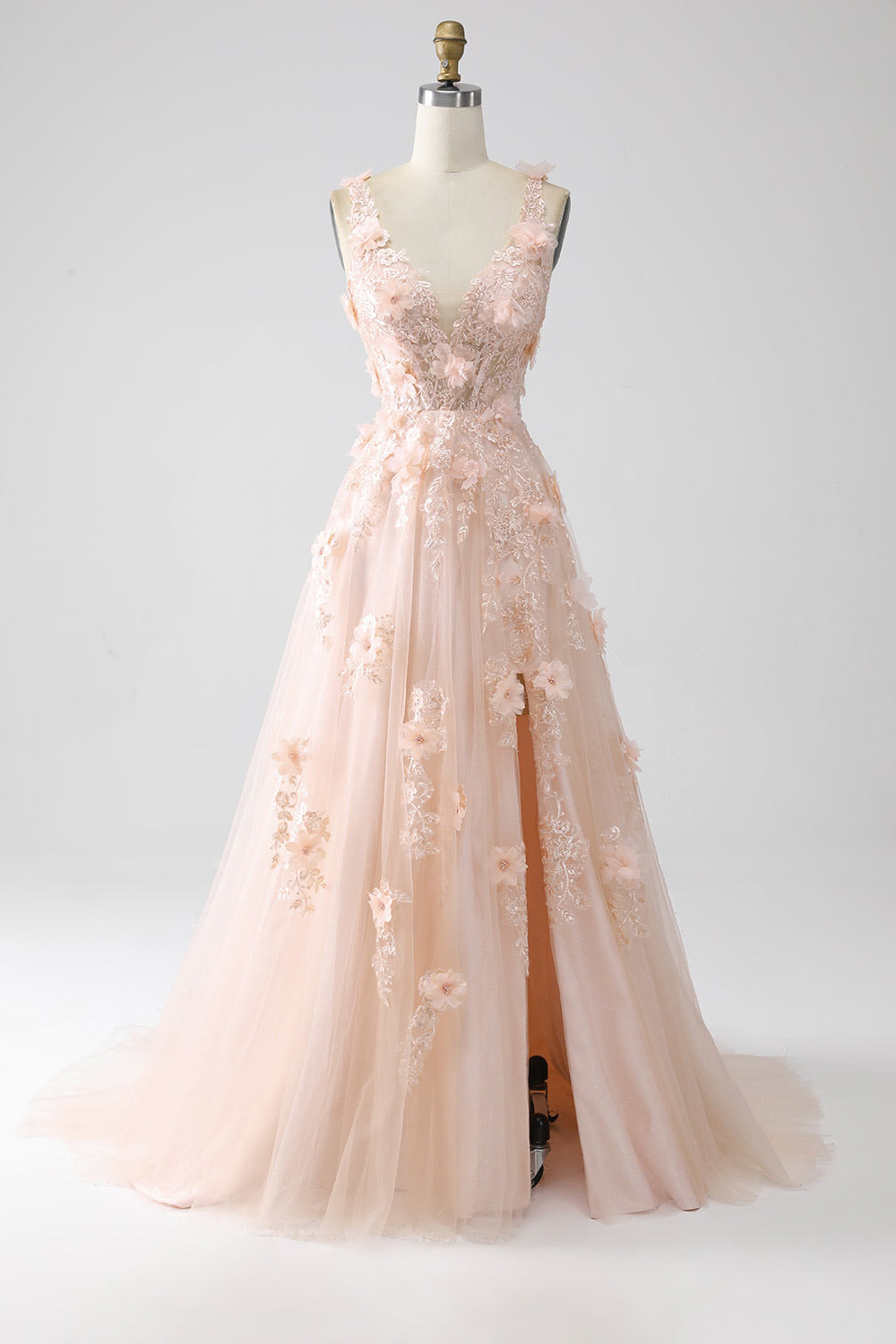 Blush 3D flower embroidery prom dress, custom slit party dress