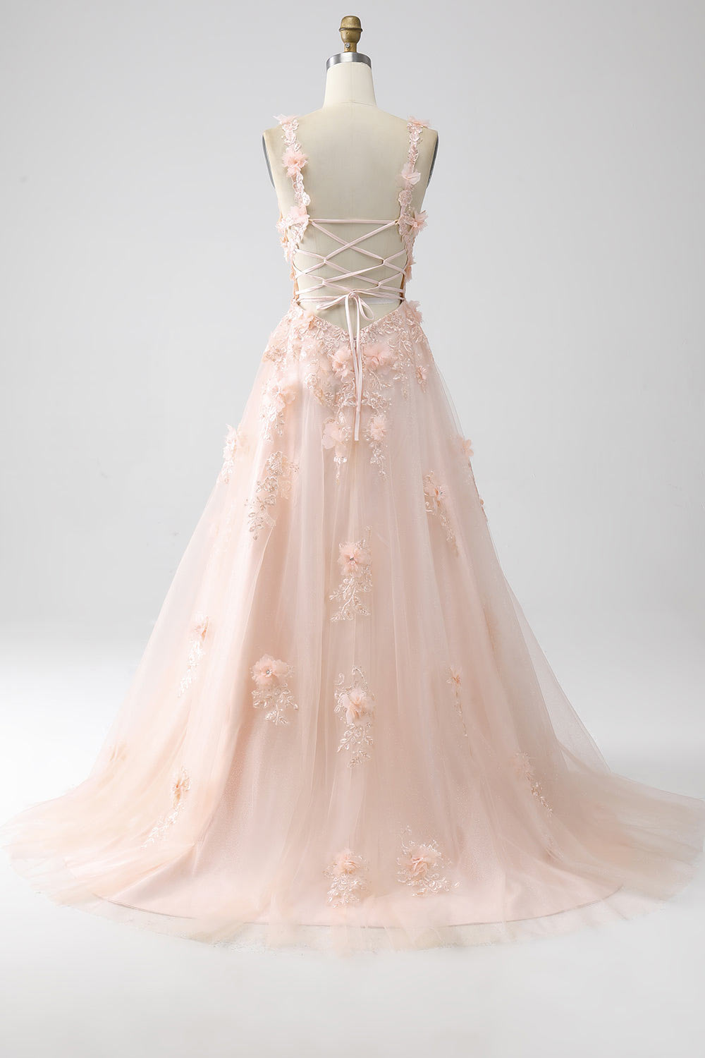 Blush 3D flower embroidery prom dress, custom slit party dress