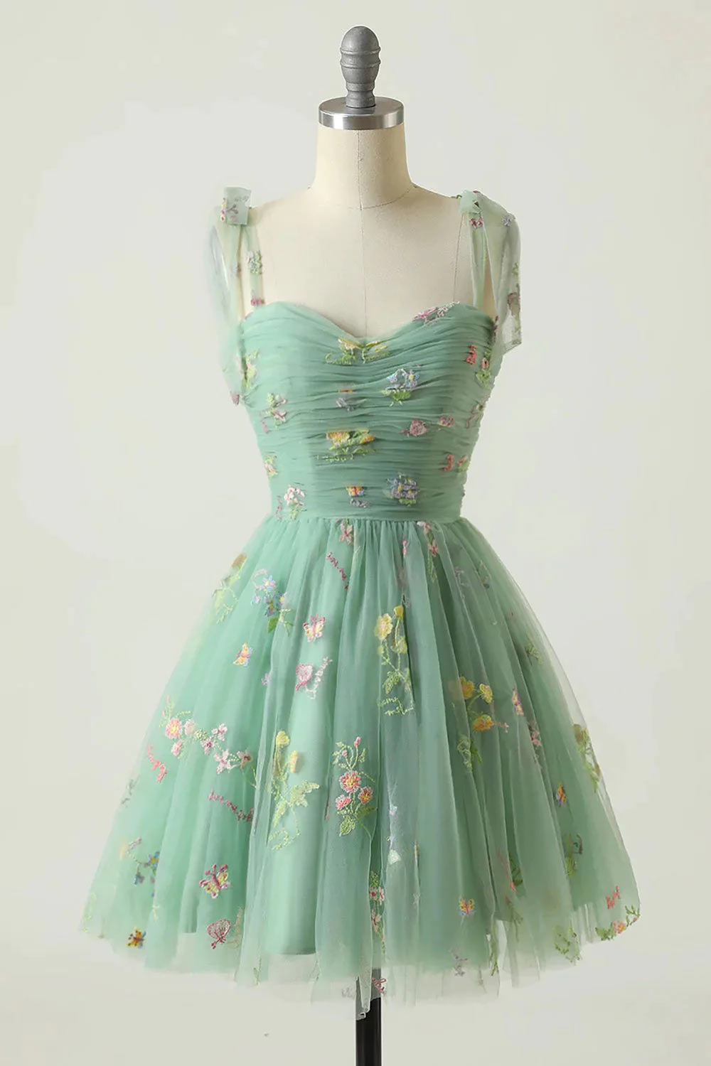 Charming Green Short Prom Dress, A-Line Tulle Cocktail Dress, Handmade Homecoming Gown with Embroidery