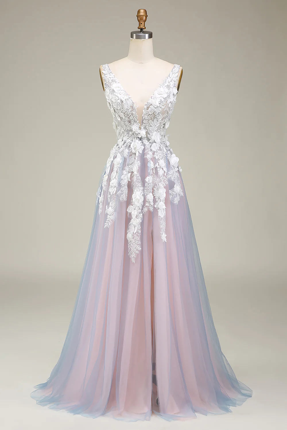 A-Line 3D Flower Prom Dress, Deep V-Neck Prom Gown, Grey Pink Formal Dress with Appliques, Handmade Long Party Prom Dress