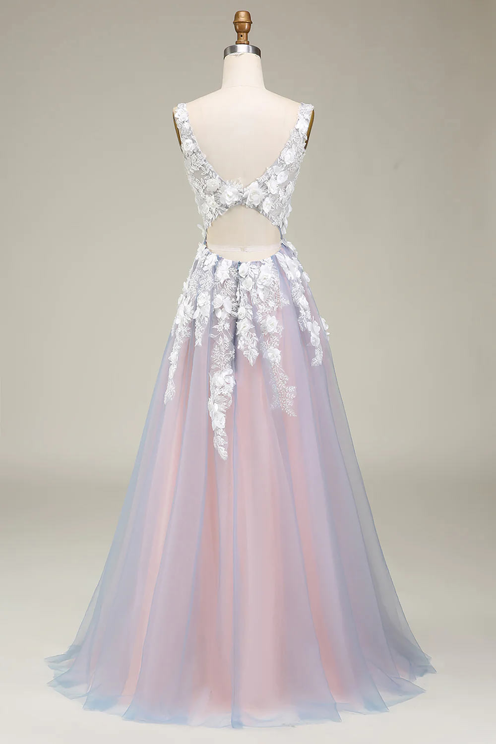 A-Line 3D Flower Prom Dress, Deep V-Neck Prom Gown, Grey Pink Formal Dress with Appliques, Handmade Long Party Prom Dress