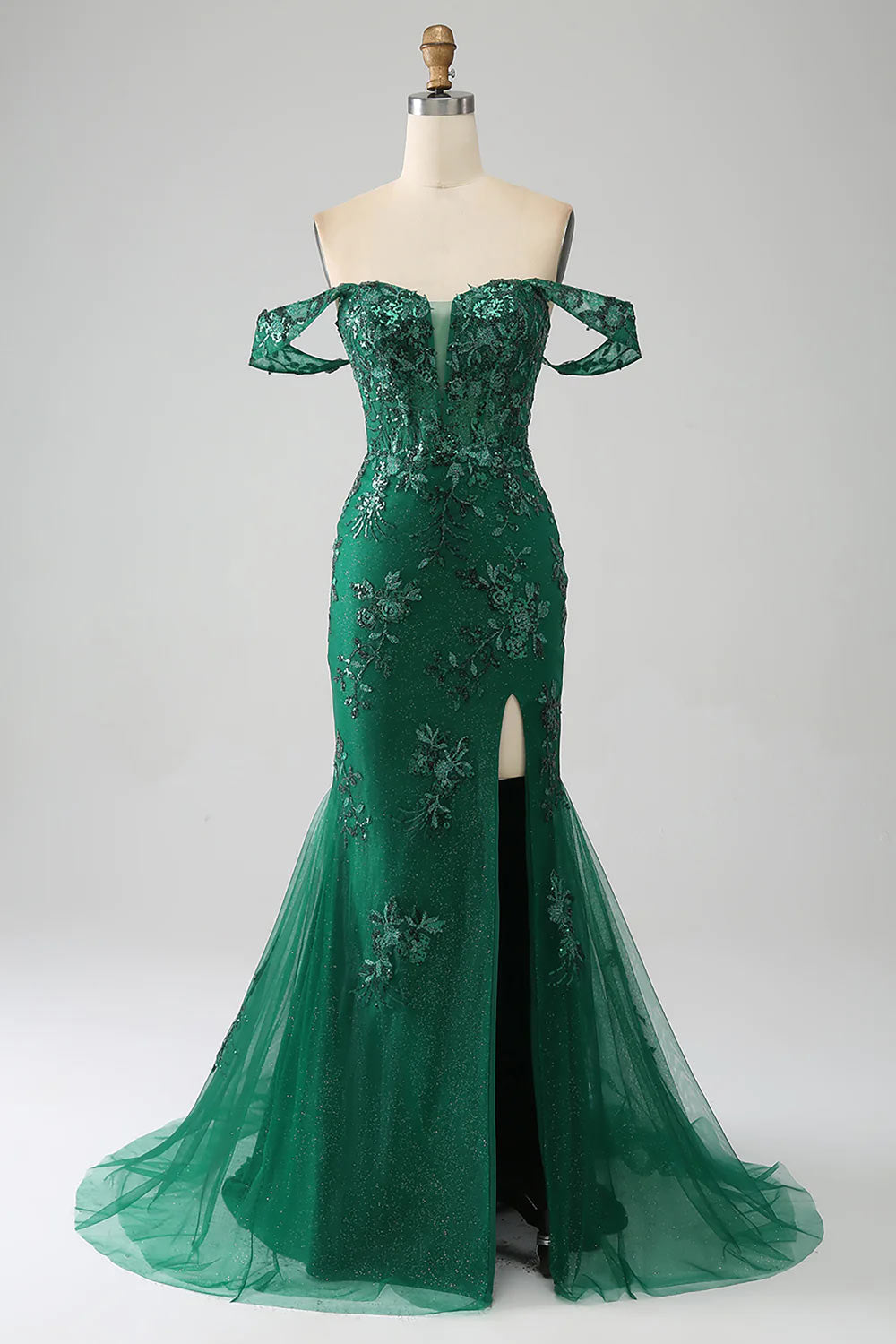 Off The Shoulder Prom Dress, Mermaid Evening Dress, Dark Green Party Dress with Appliques, Custom Prom Gown