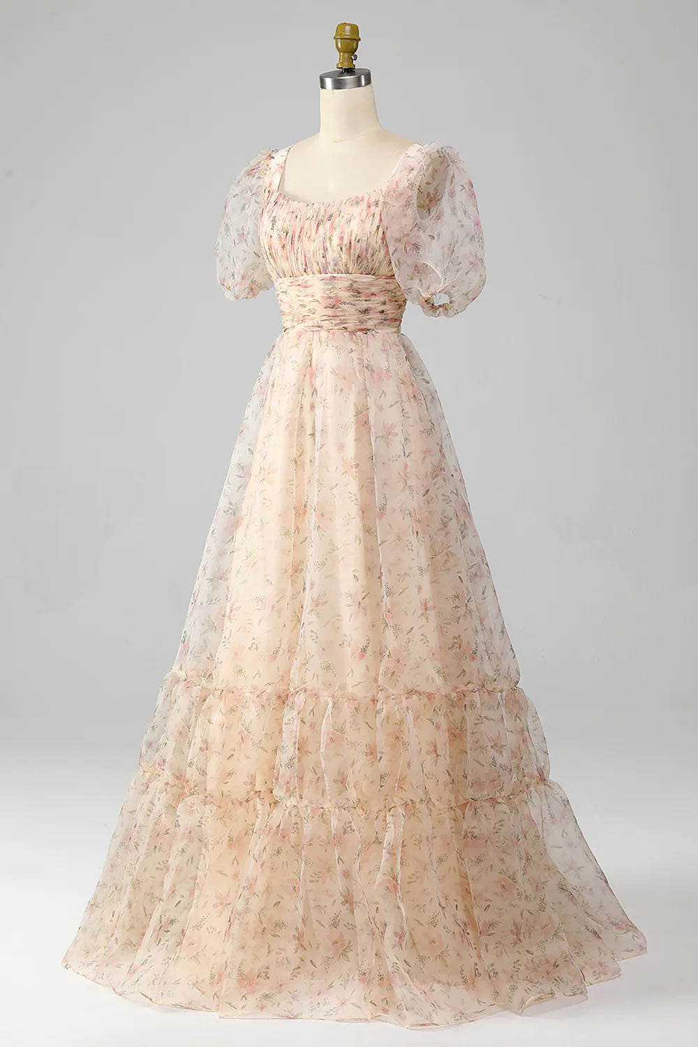 Champagne Evening Dress Gown, Handmade Floral Formal Dress, Tiered Prom Dress With Puff Sleeves