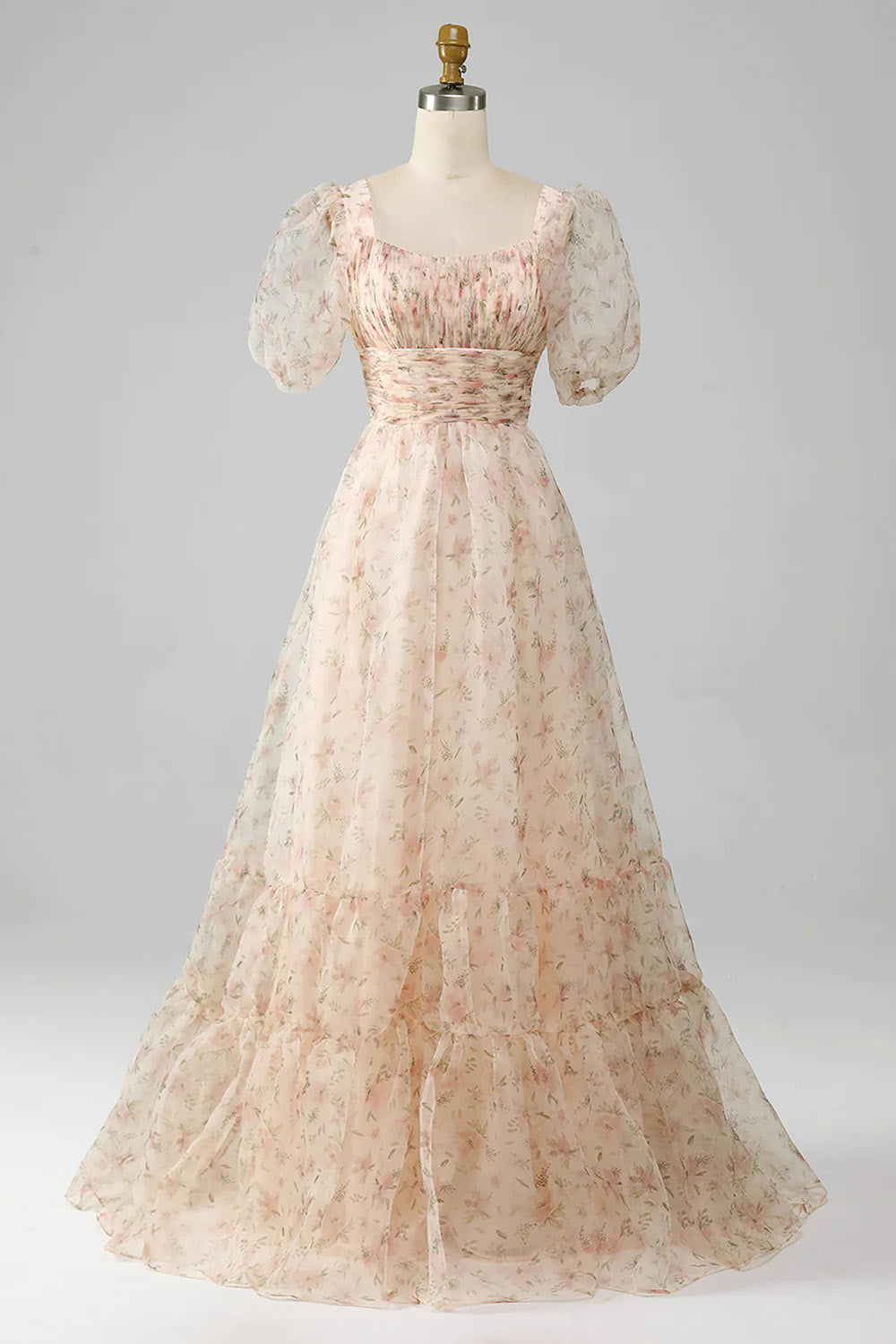 Champagne Evening Dress Gown, Handmade Floral Formal Dress, Tiered Prom Dress With Puff Sleeves