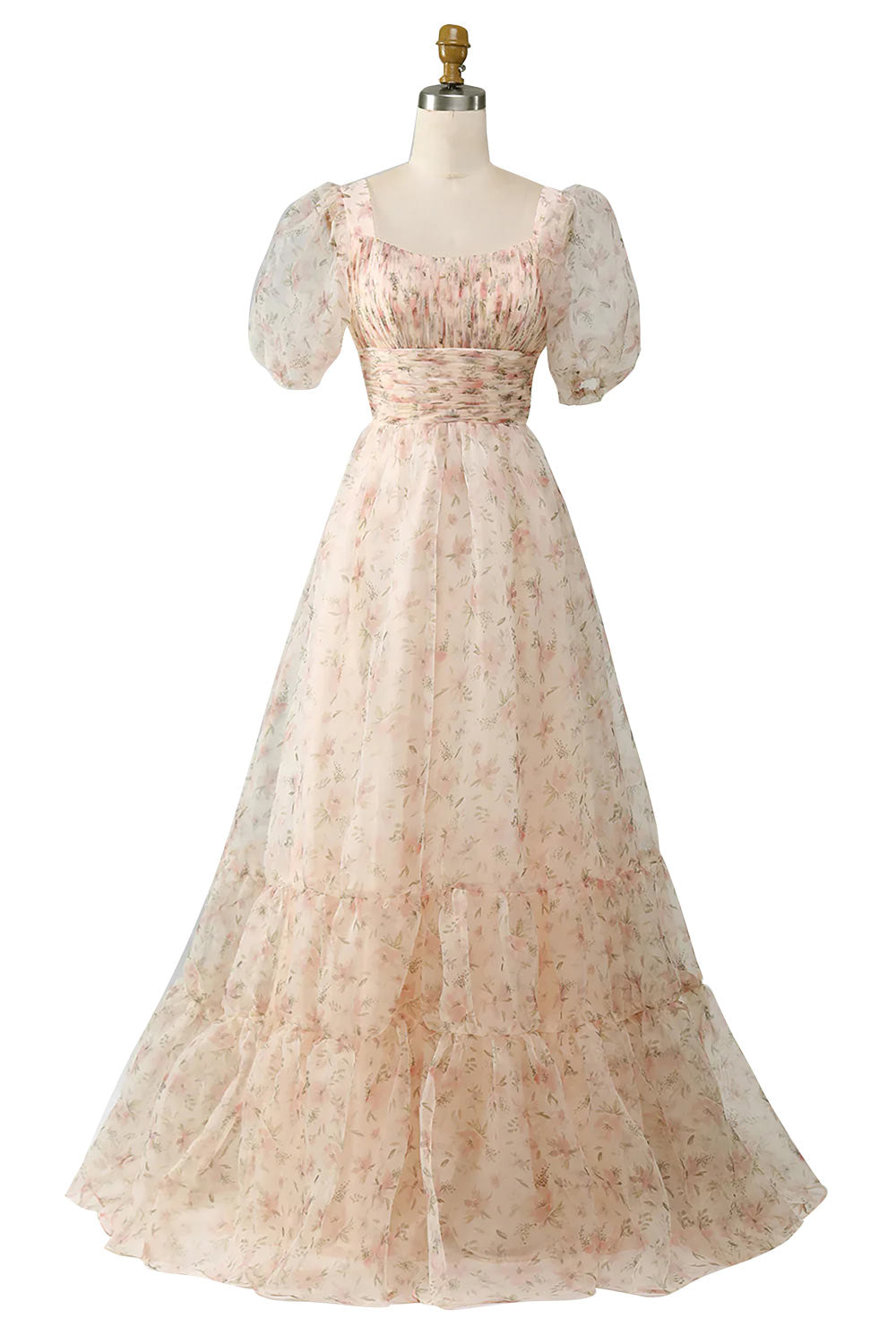 Champagne Evening Dress Gown, Handmade Floral Formal Dress, Tiered Prom Dress With Puff Sleeves