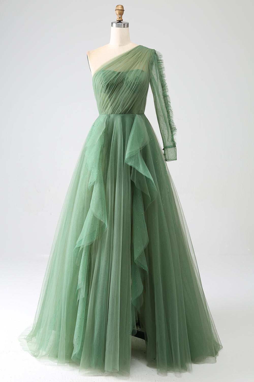 One sleeve shining tulle evening dress, custom green party dress