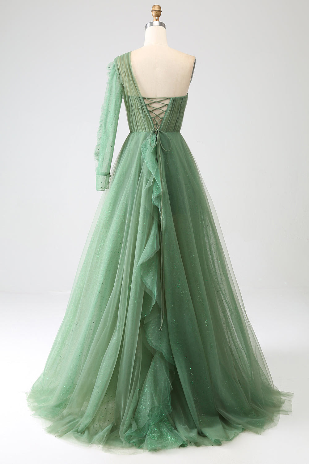 One sleeve shining tulle evening dress, custom green party dress