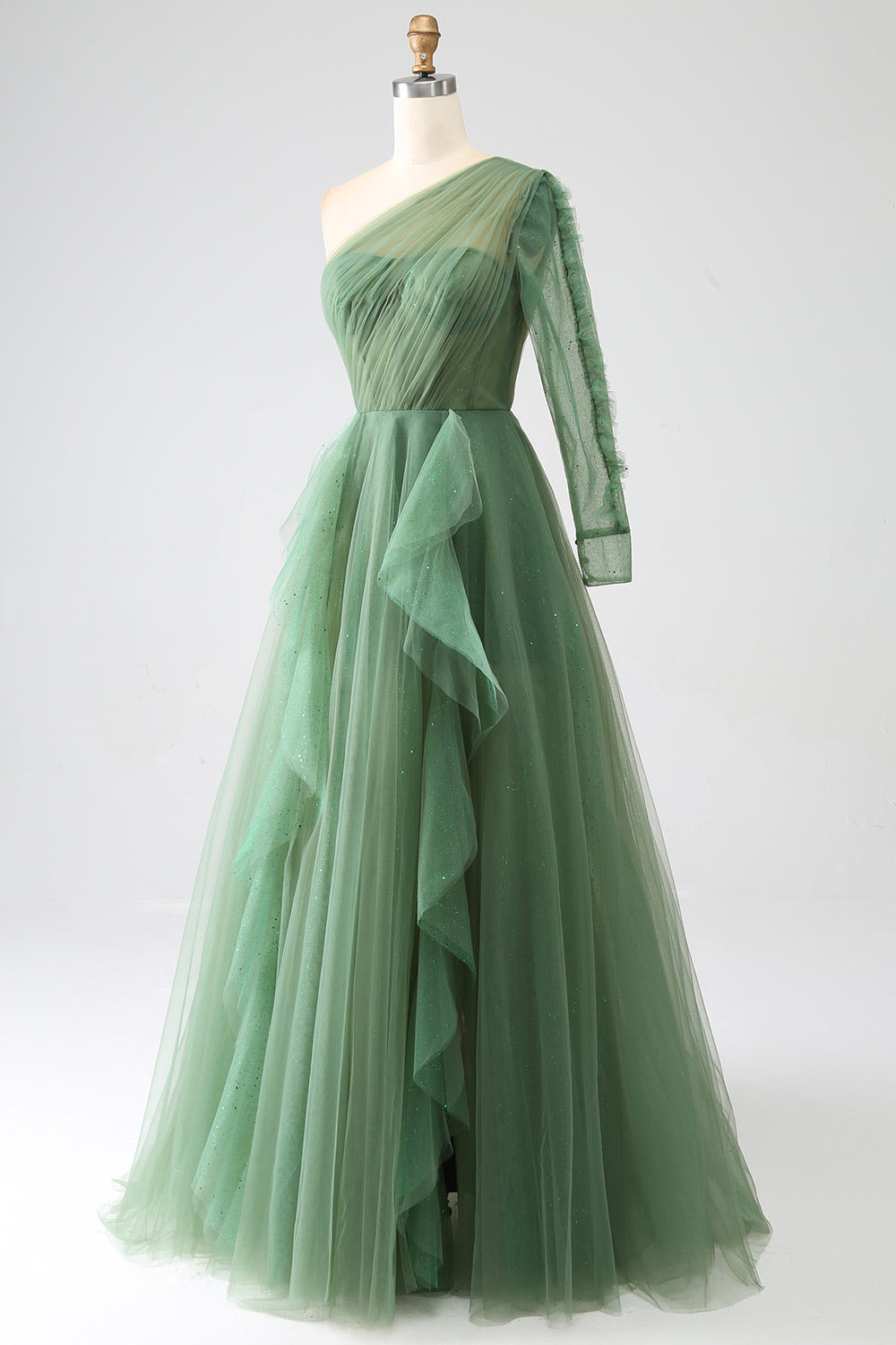 One sleeve shining tulle evening dress, custom green party dress