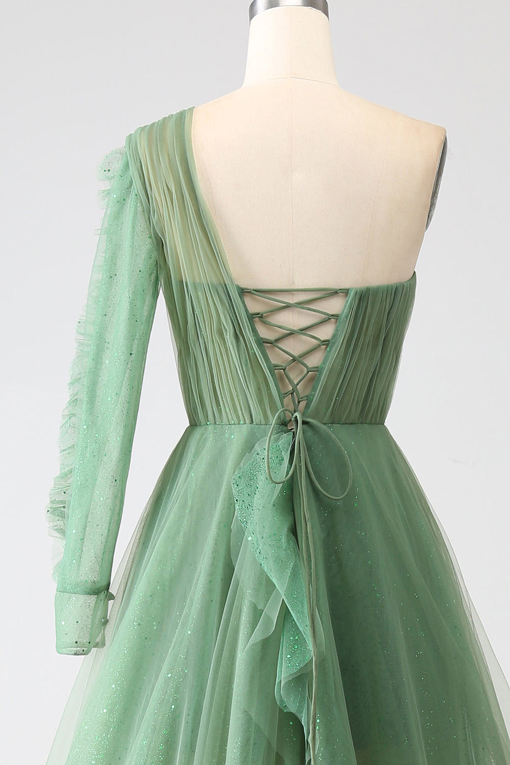 One sleeve shining tulle evening dress, custom green party dress