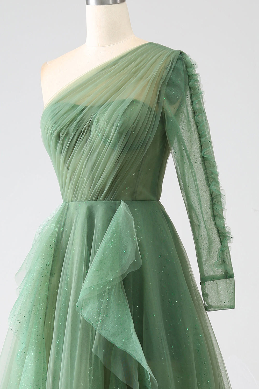 One sleeve shining tulle evening dress, custom green party dress