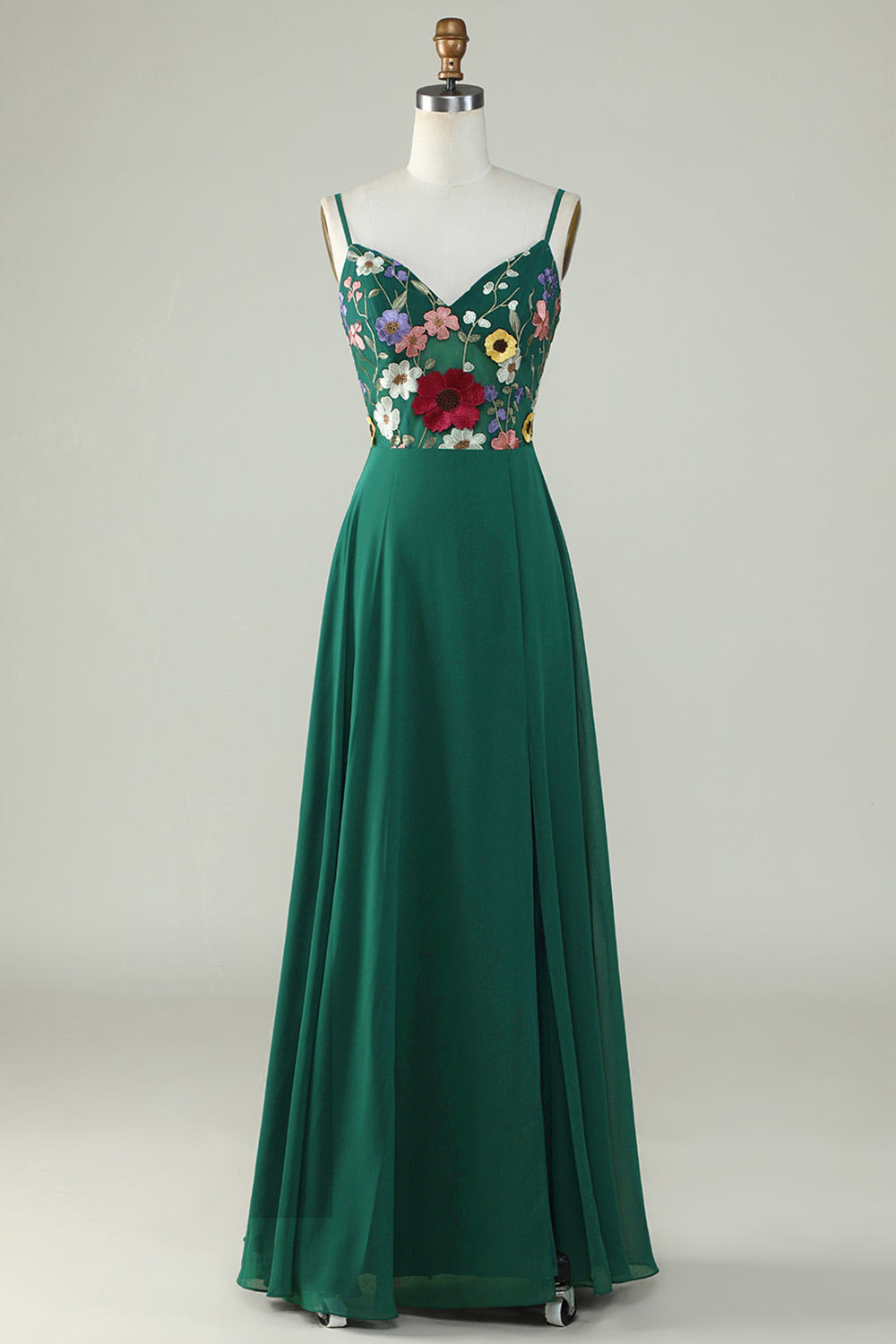 Floral embroidery prom dress, dark green evening gown, custom party dress