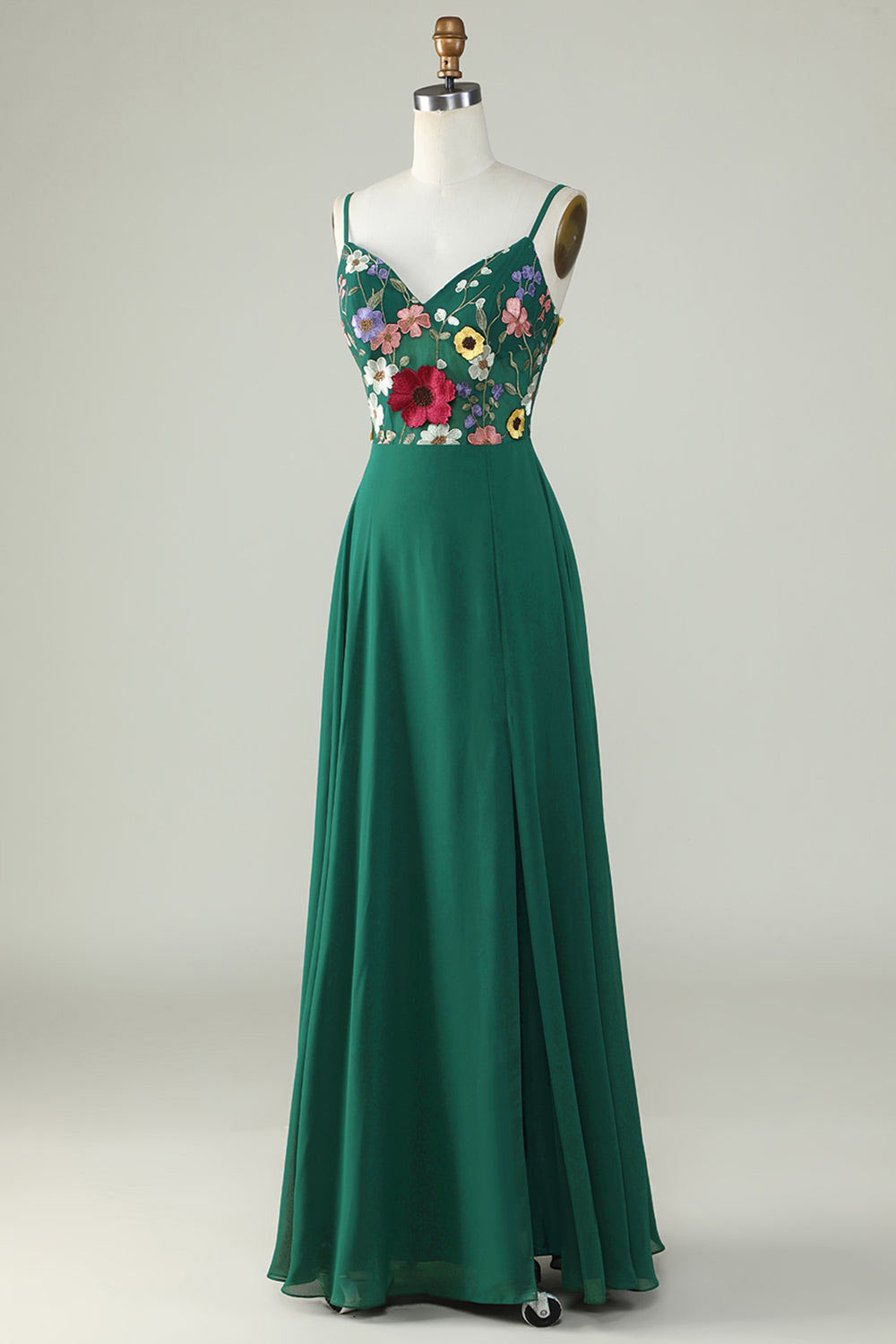 Floral embroidery prom dress, dark green evening gown, custom party dress