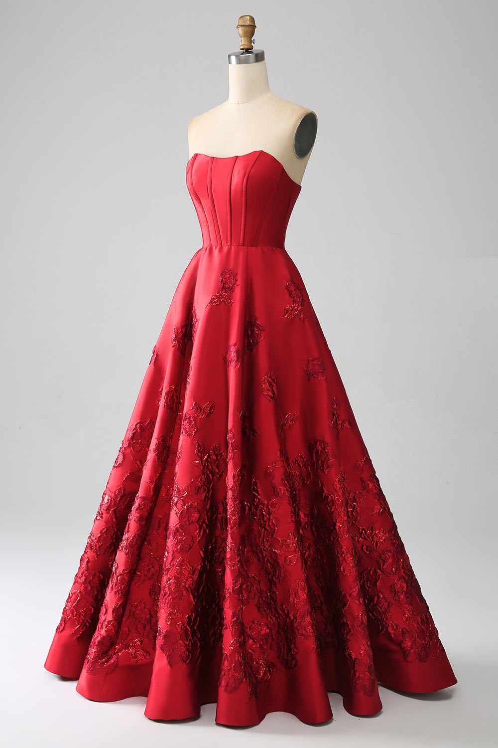 Strapless floral embroidery prom dress, dark red evening gown, custom party dress