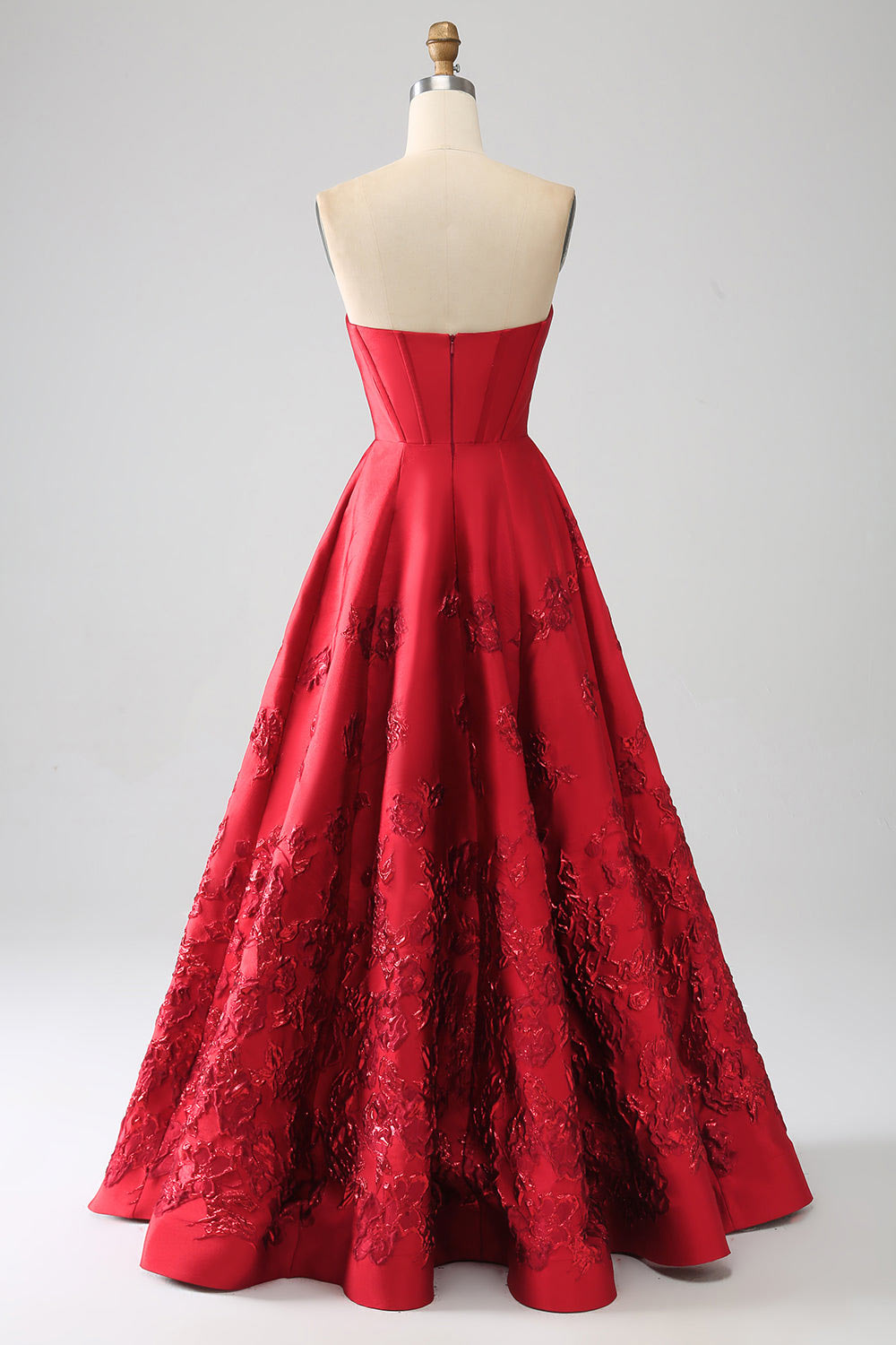 Strapless floral embroidery prom dress, dark red evening gown, custom party dress