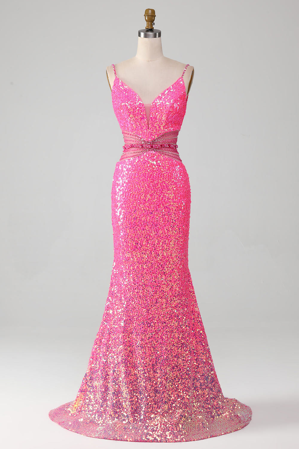 Spaghetti straps sequin evening gown, pink party dress