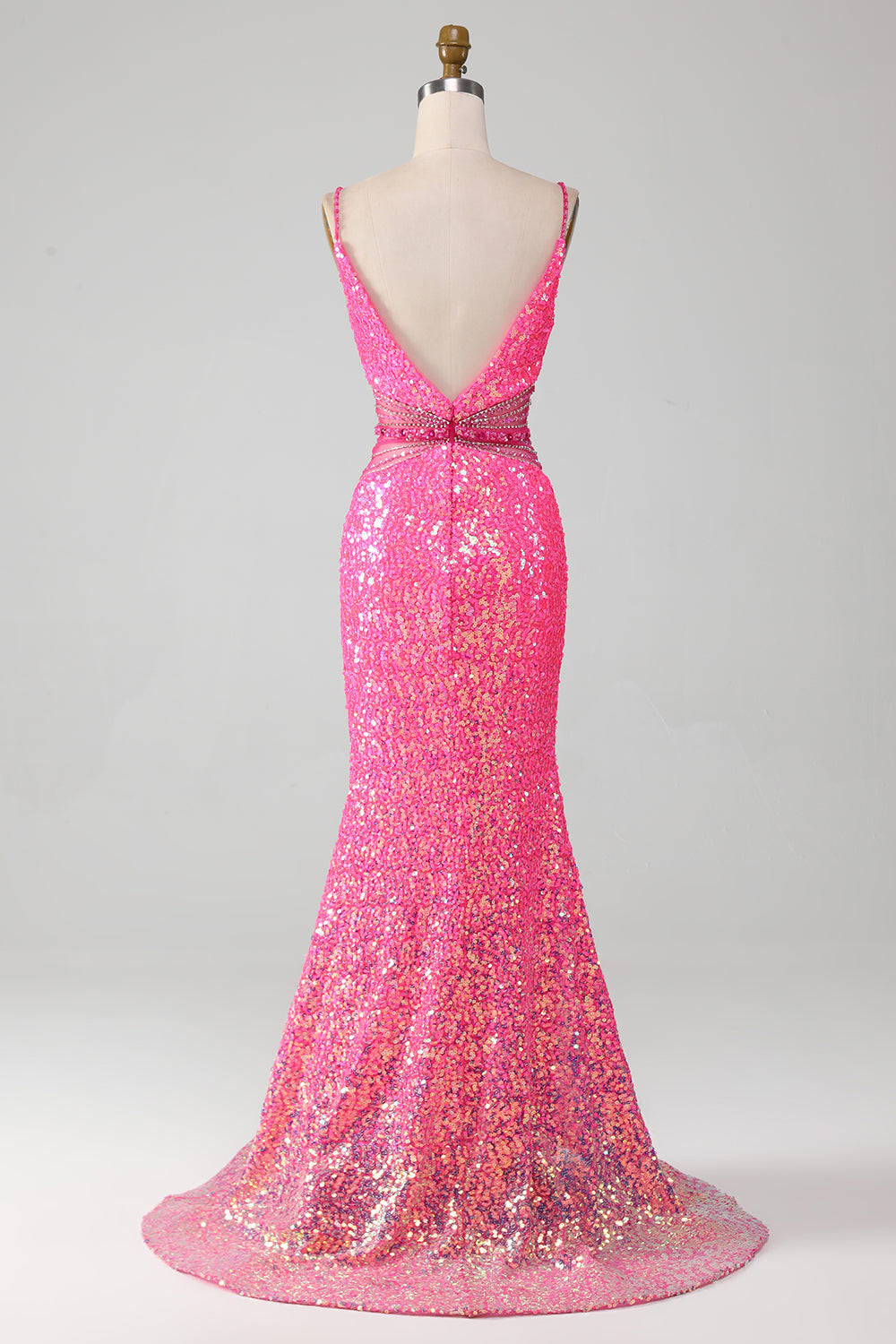 Spaghetti straps sequin evening gown, pink party dress