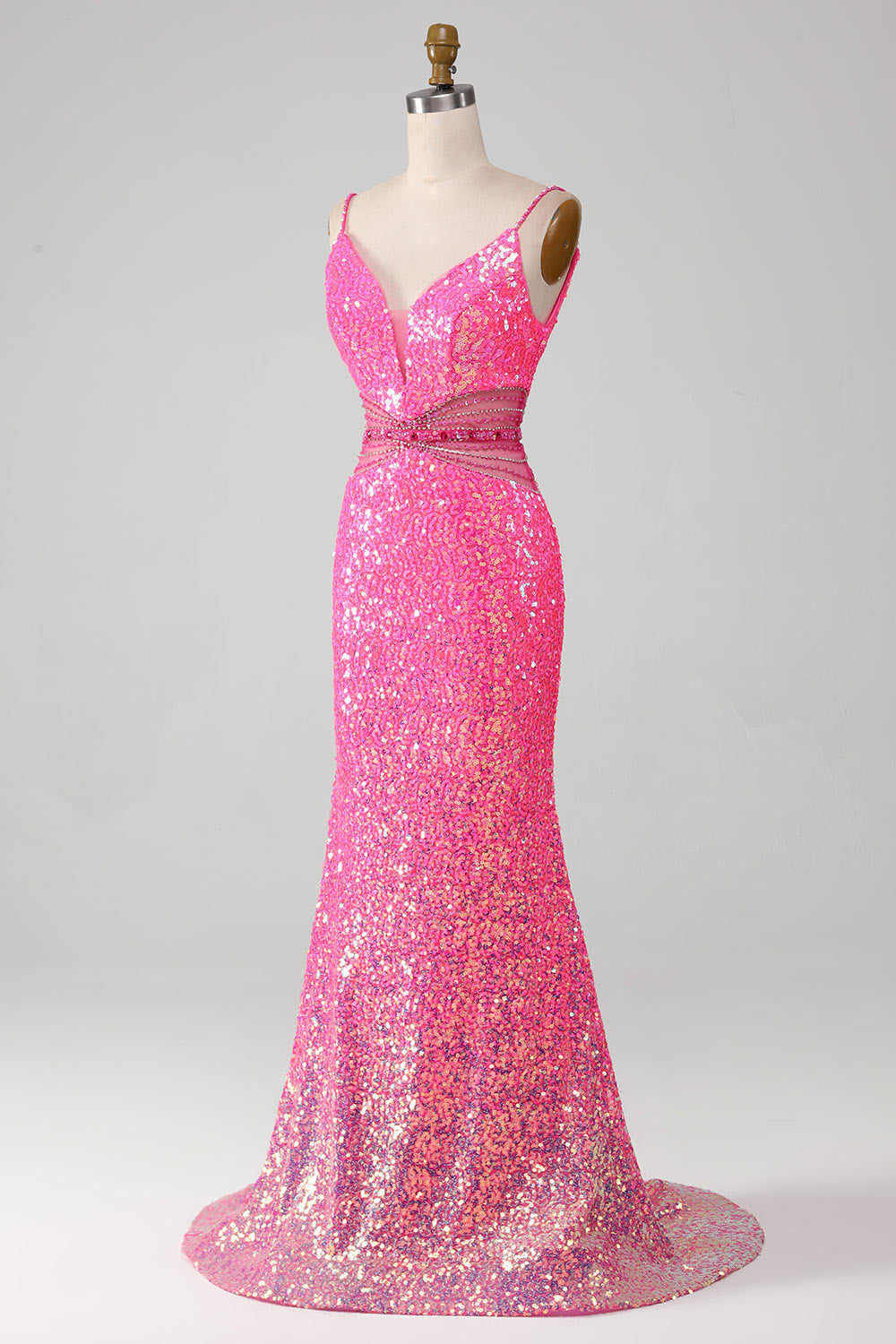 Spaghetti straps sequin evening gown, pink party dress