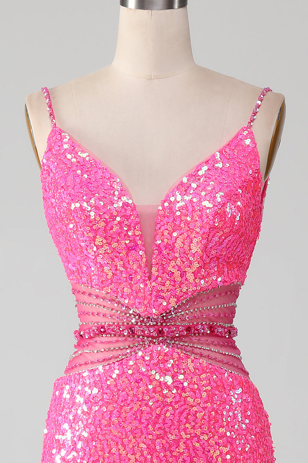 Spaghetti straps sequin evening gown, pink party dress