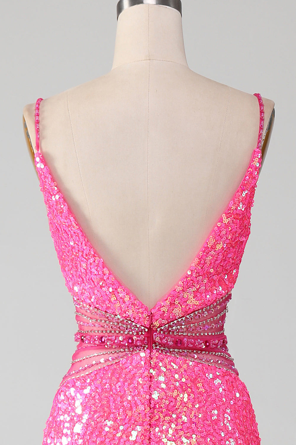 Spaghetti straps sequin evening gown, pink party dress