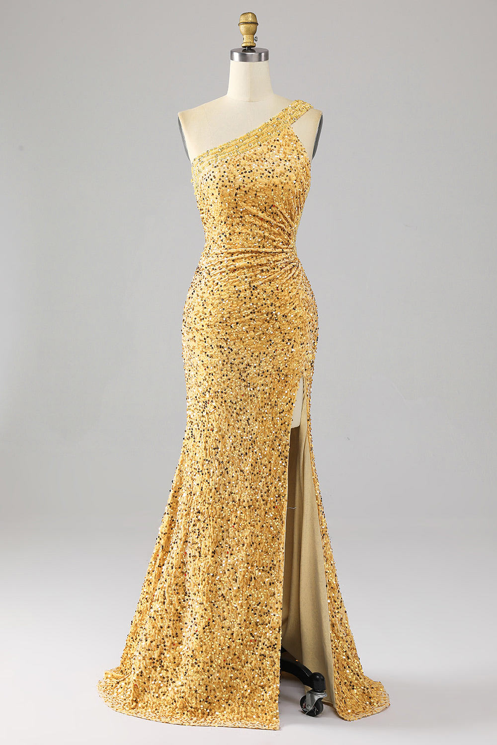 Custom sequin party dress, golden slit evening gown