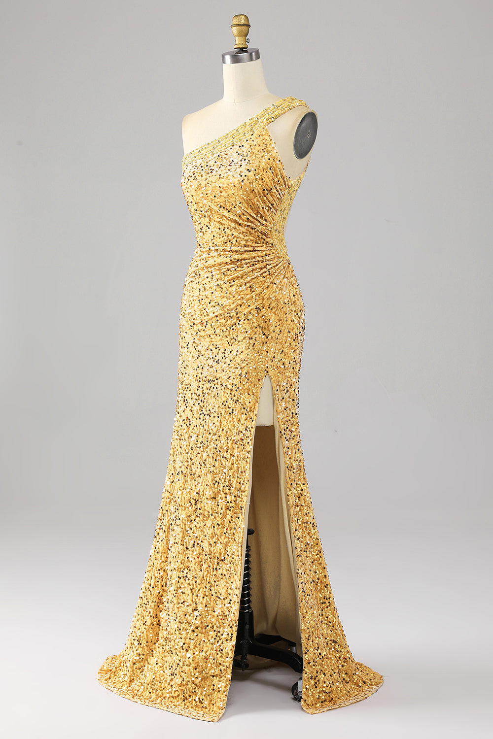 Custom sequin party dress, golden slit evening gown