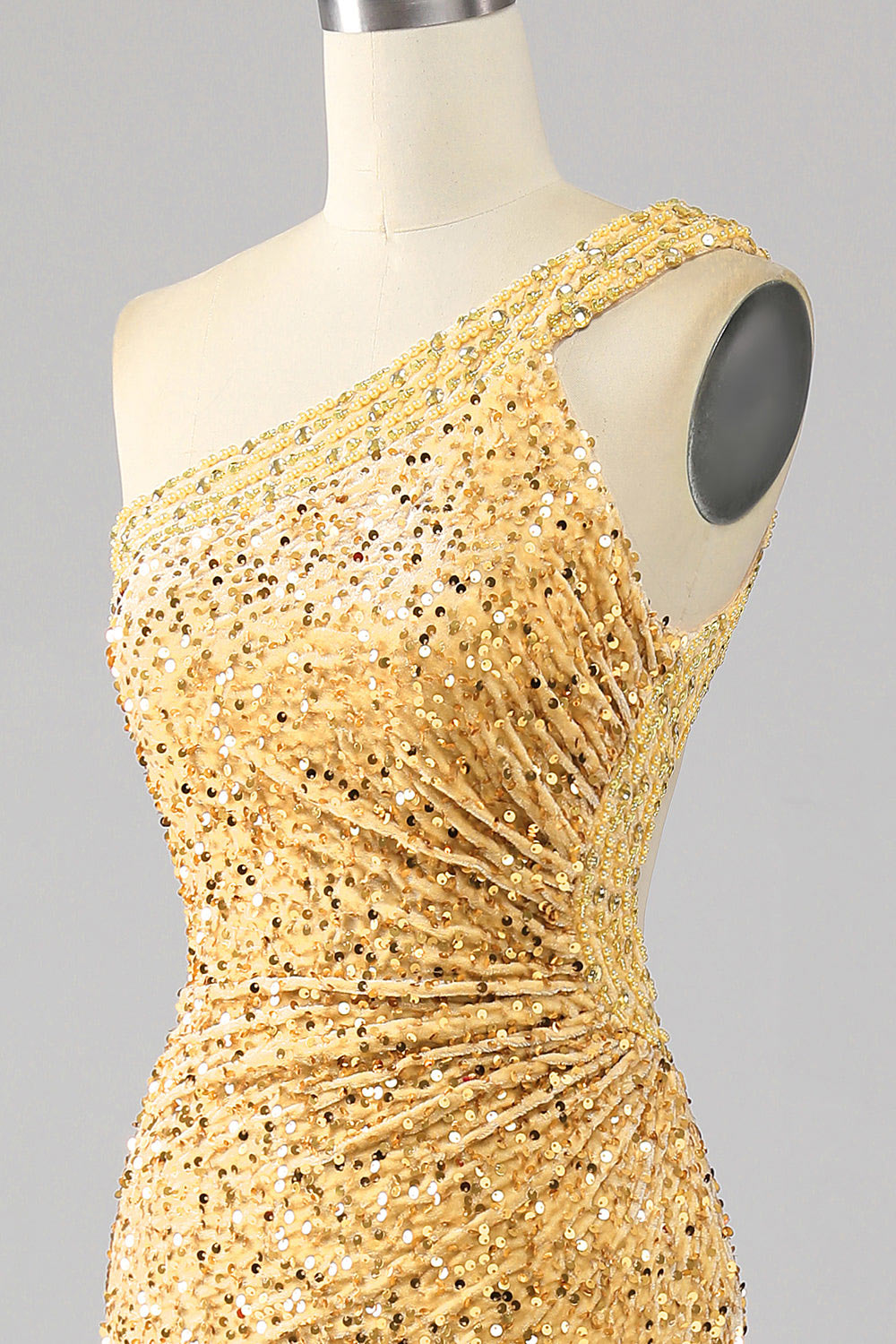 Custom sequin party dress, golden slit evening gown